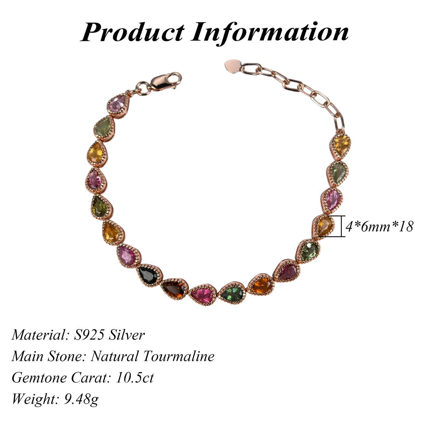 Graceful Rose Gold Plated Silver 925 Jewelry Natural Tourmaline Bracelet