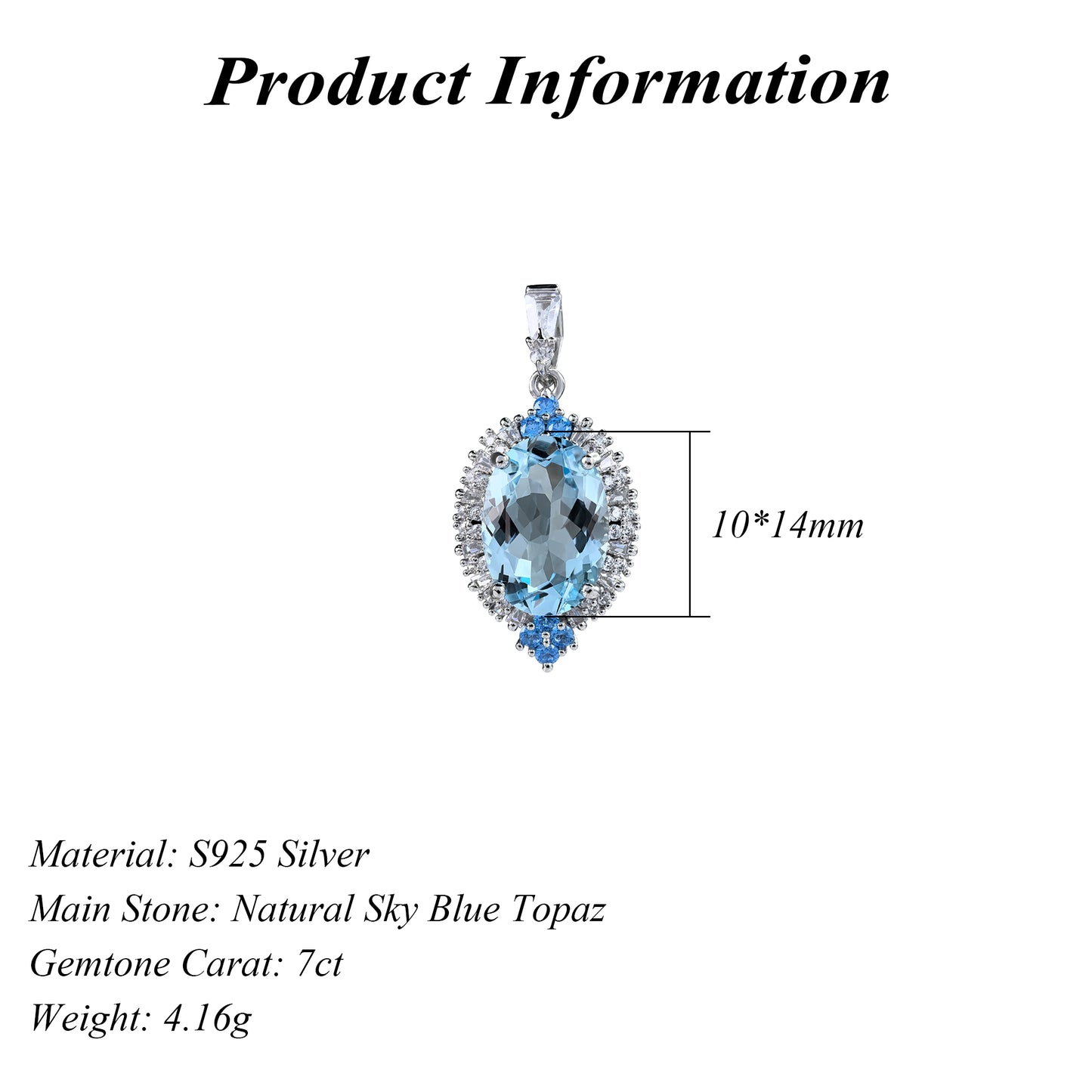 Gorgeous Rhodium Plated 925 Sterling Silver Natural Sky Blue Topaz Pendant