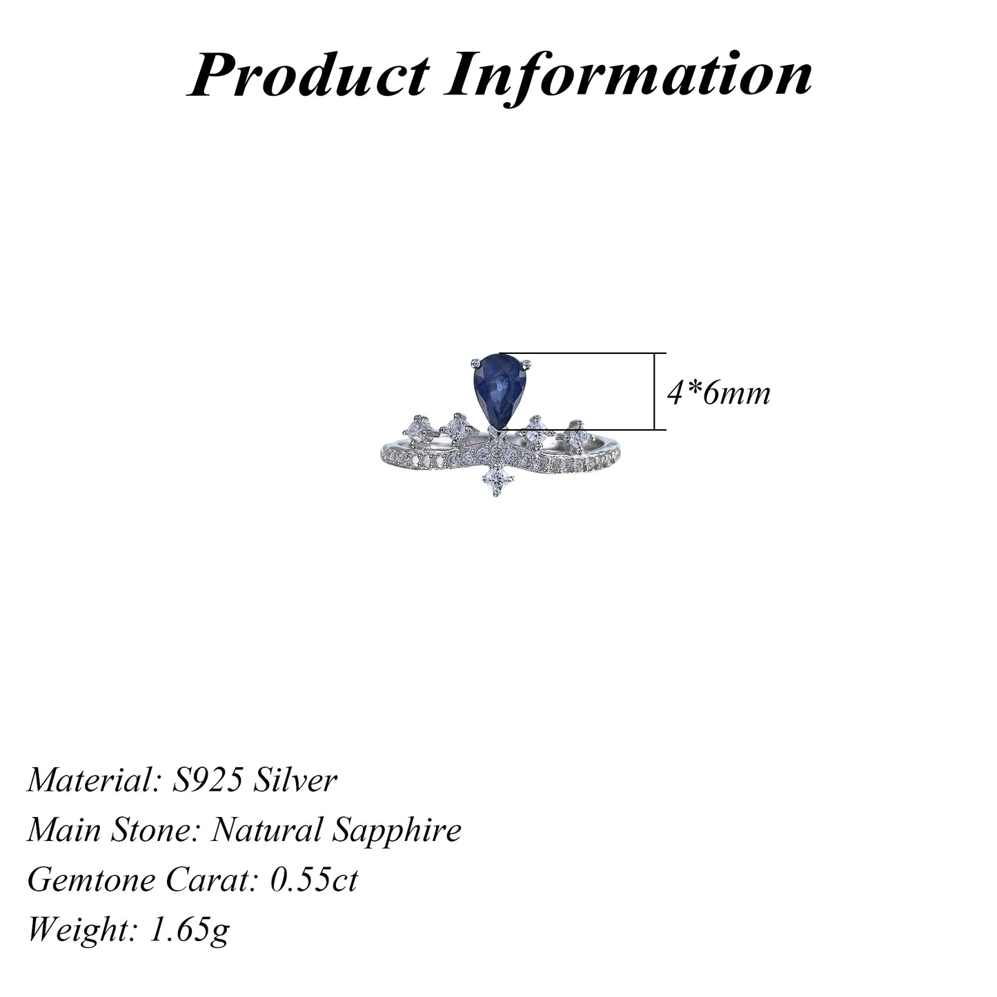 Gorgeous Rhodium Plated 925 Silver Jewelry Natural Sapphire Crown Ring