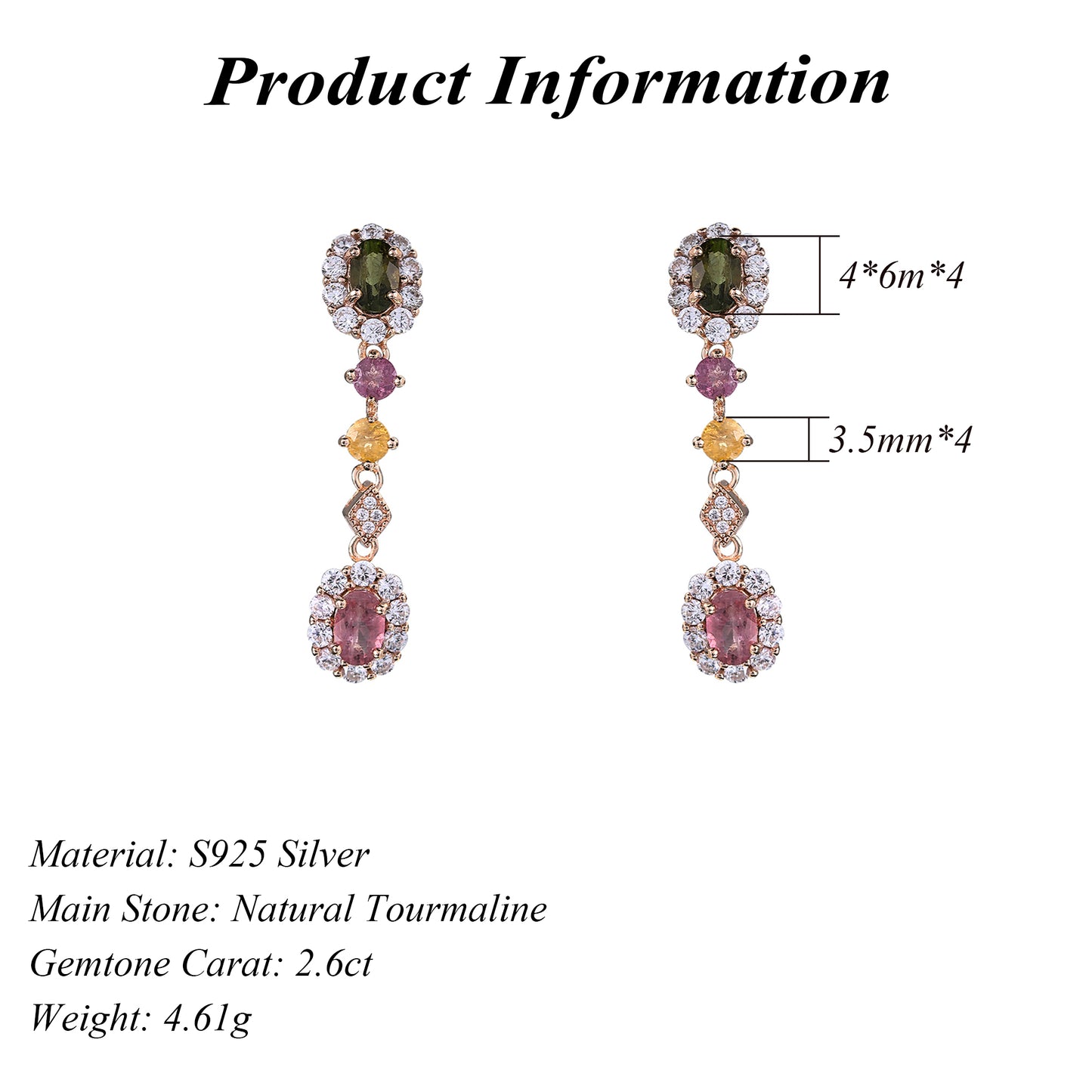 Gorgeous Rose Gold Plated 925 Sterling Silver Natural Tourmaline Drop Earrings