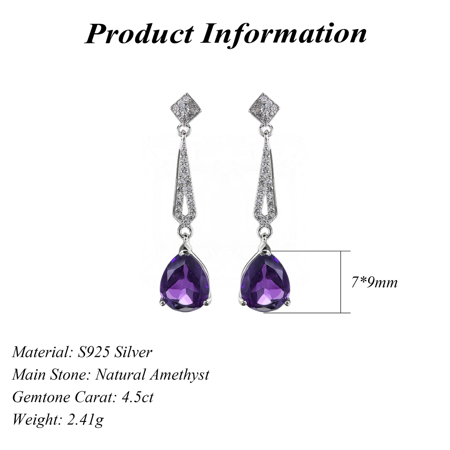 Elegant Rhodium Plated 925 Silver Trendy Natural Amethyst Dangling Drop Earrings