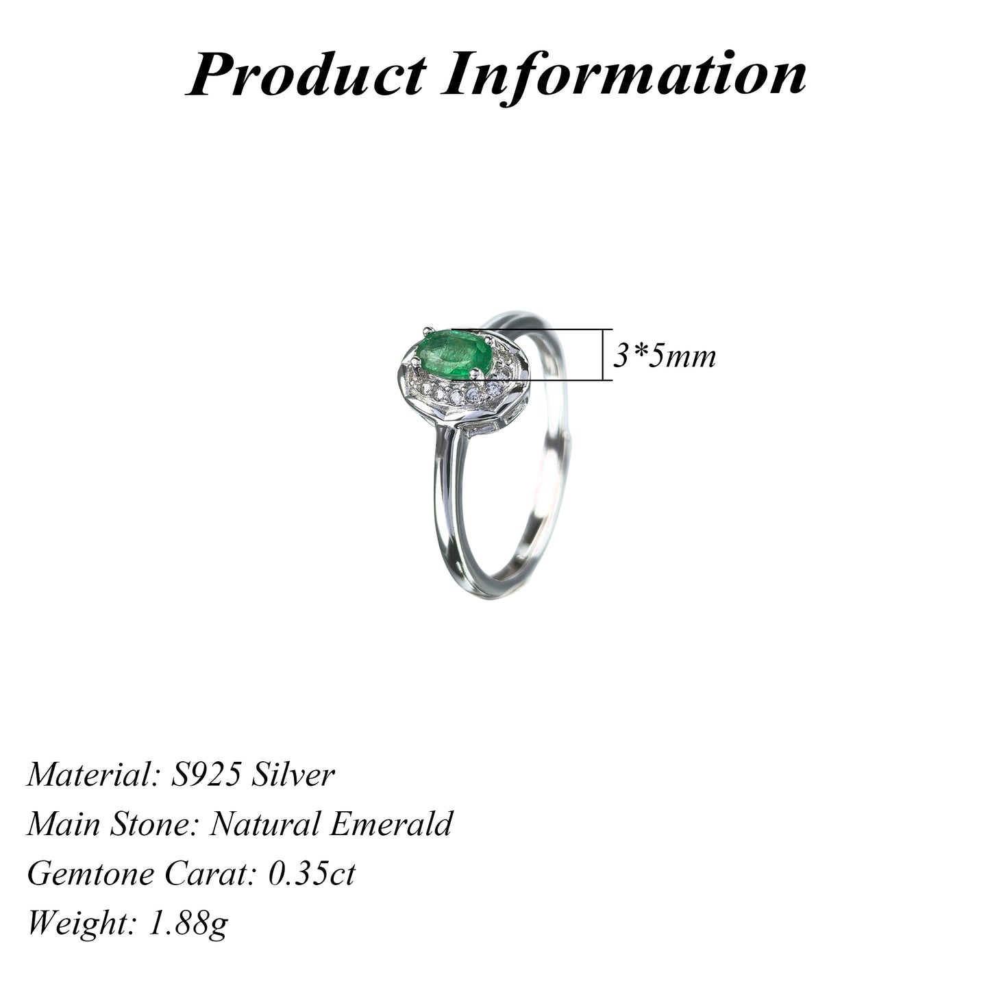 Exquisite Rhodium Plated Silver 925 Jewelry Natural Emerald Ring