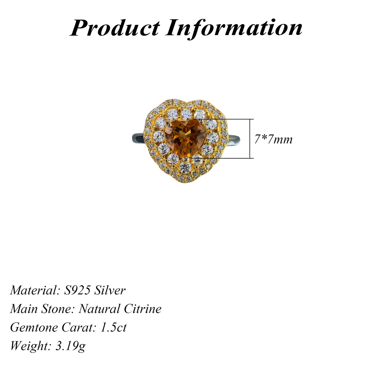 Dazzling Rhodium and Gold Plated Silver 925 Jewelry Natural Citrine Heart Ring