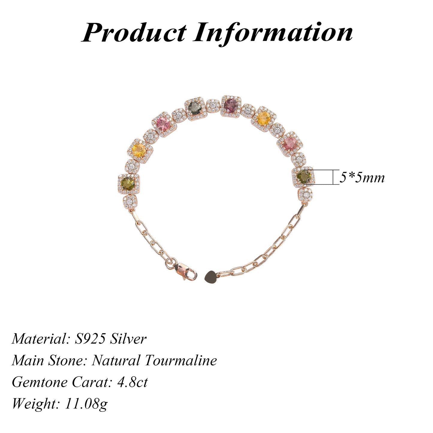Delicate Rose Gold Plated 925 Silver Jewelry Natural Tourmaline Bracelet