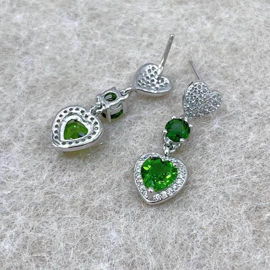 Wholesale Rhodium Plated 925 Sterling Silver Natural Olivine Green Gemstone Heart Stud Earrings