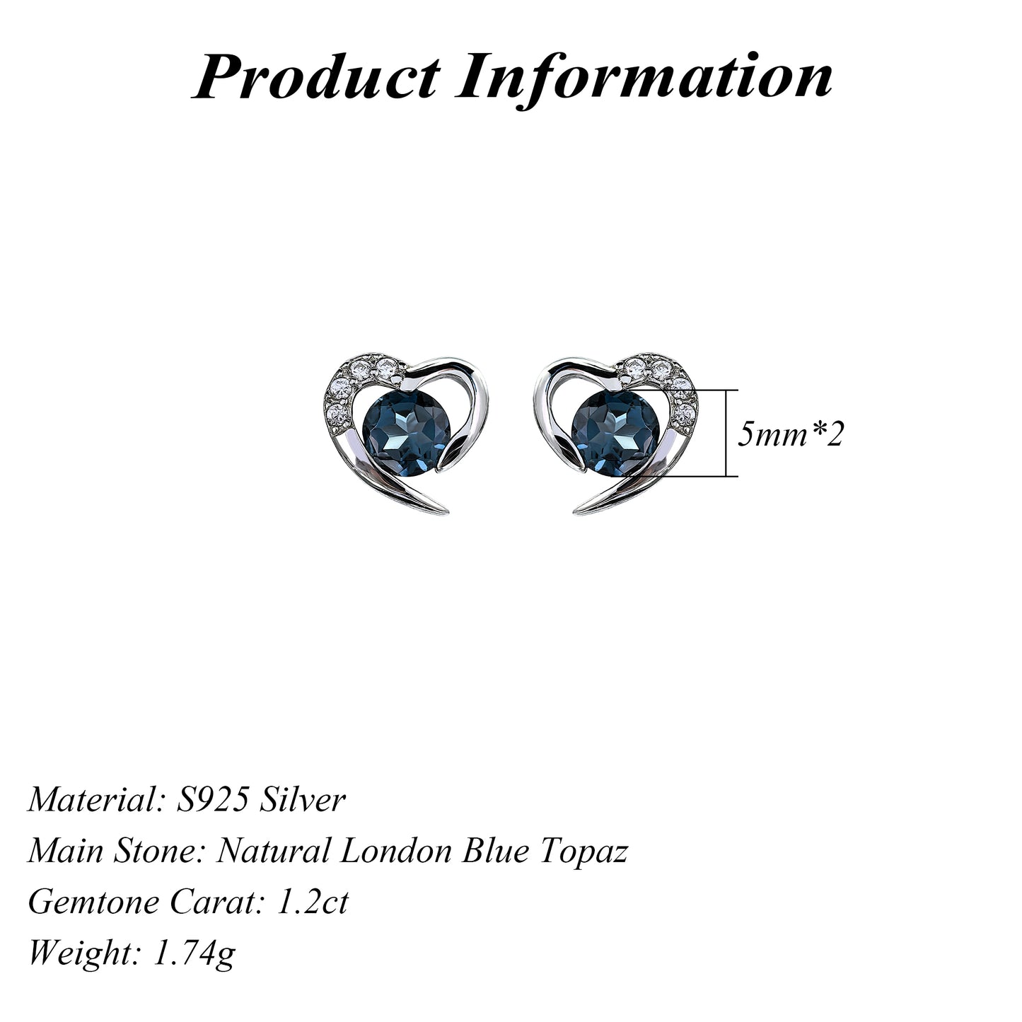 Elegant Rhodium Plated 925 Silver Jewelry Natural London Blue Topaz Heart Stud Earrings