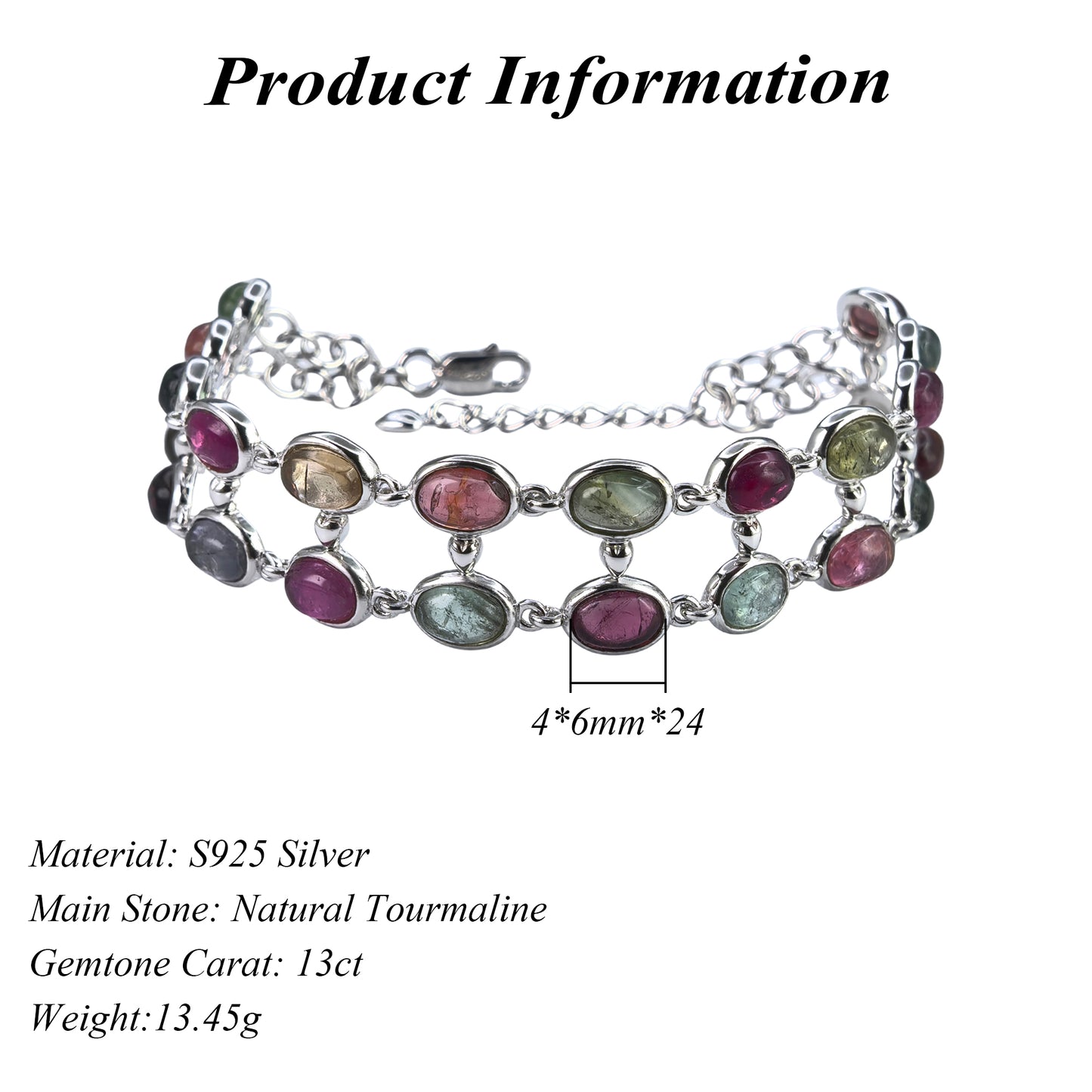 Luxurious Rhodium Plated Silver 925 Jewelry Natural Tourmaline Bracelet