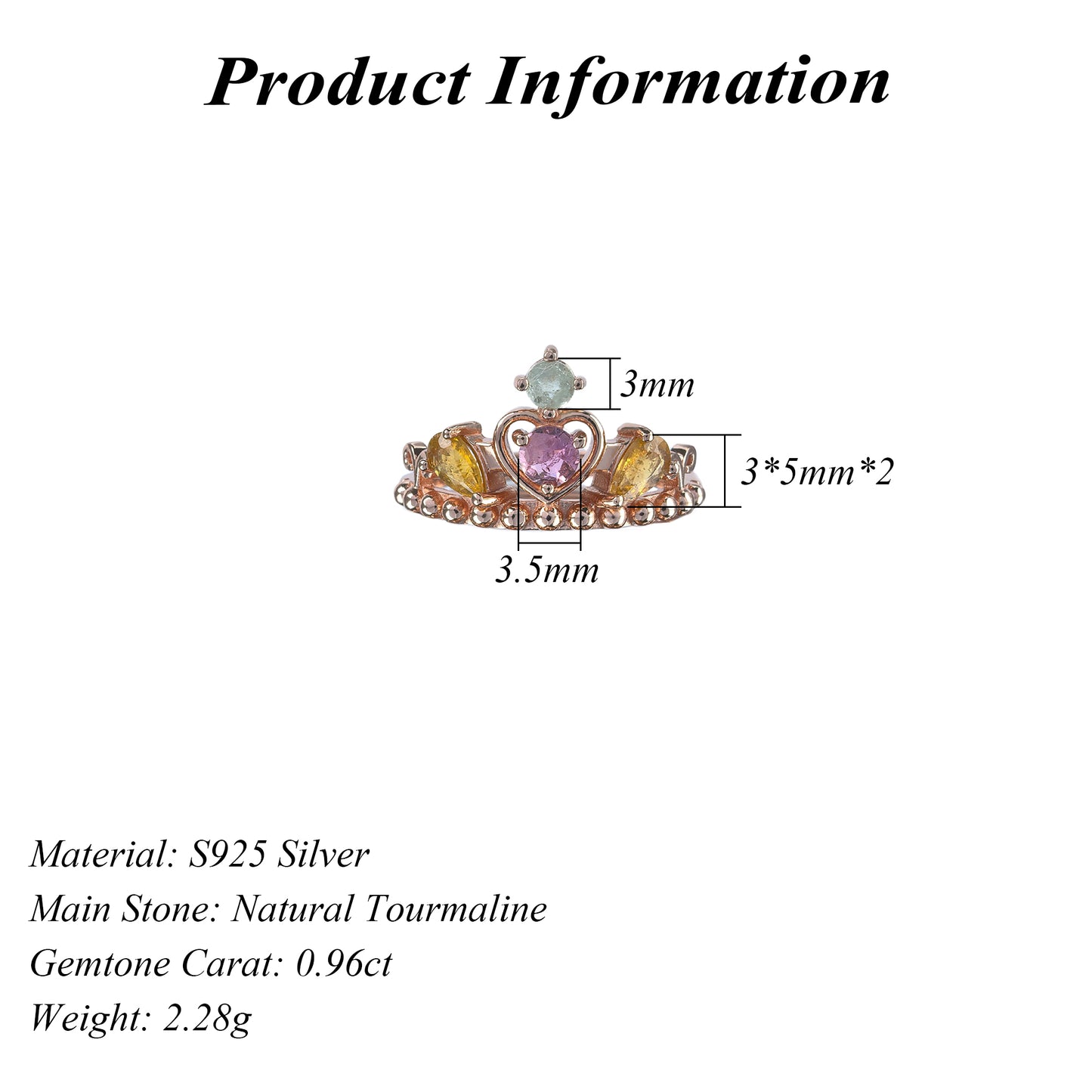 Graceful Rose Gold Plated 925 Silver Jewelry Natural Tourmaline Crown Ring