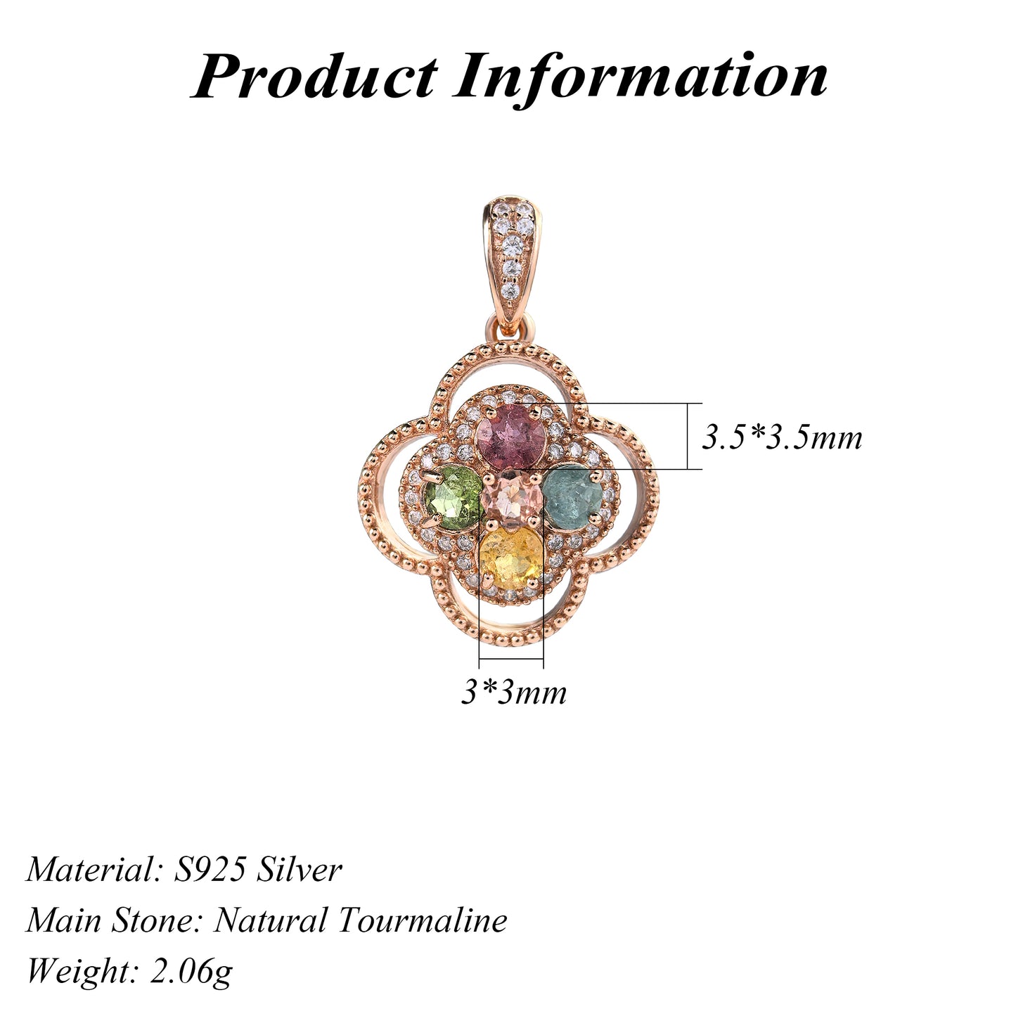 Trendy Rose Gold Plated 925 Sterling Silver Natural Tourmaline Pendant