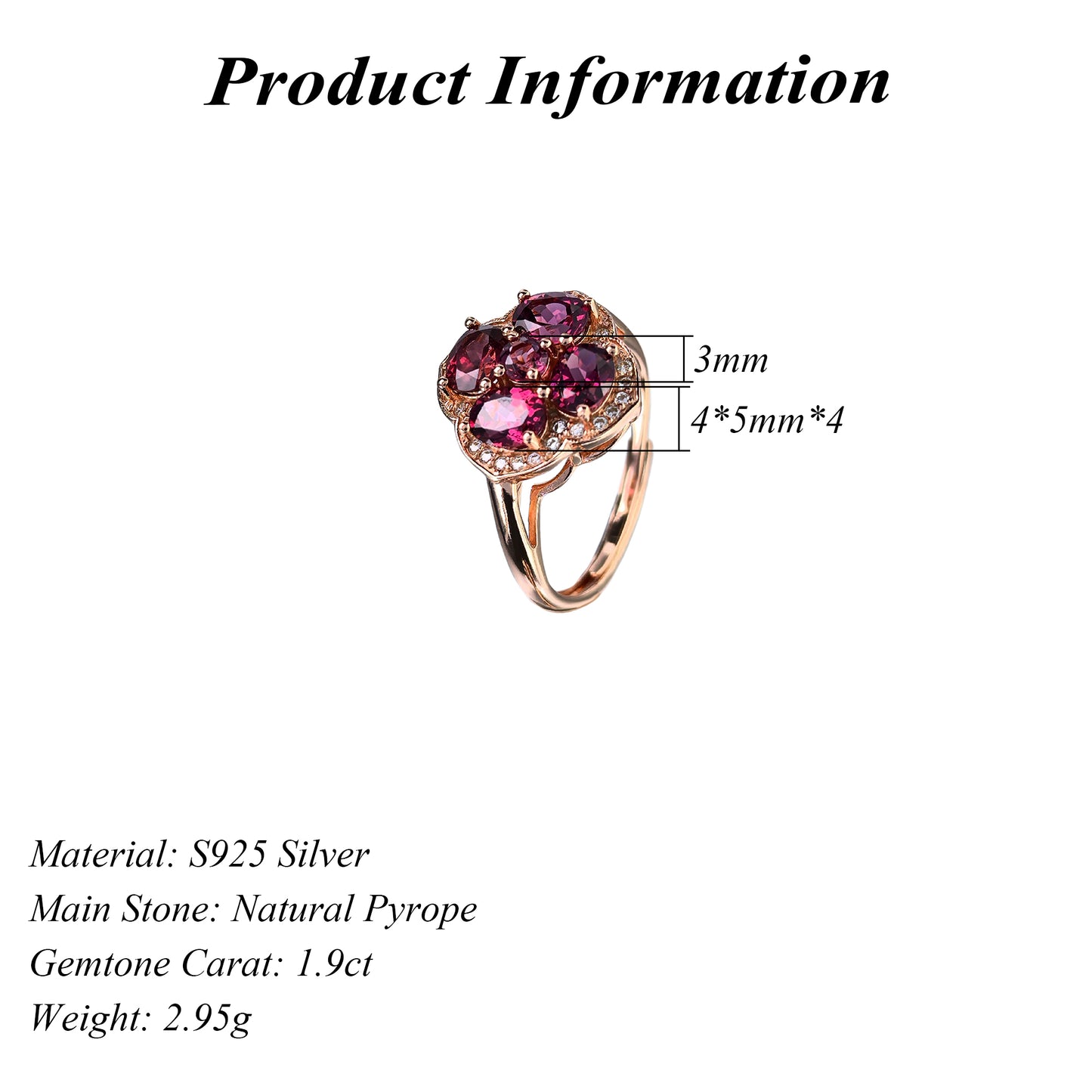 Elegant Rose Gold Plated Silver 925 Jewelry Natural Pyrope Four Leaf Clover Ring