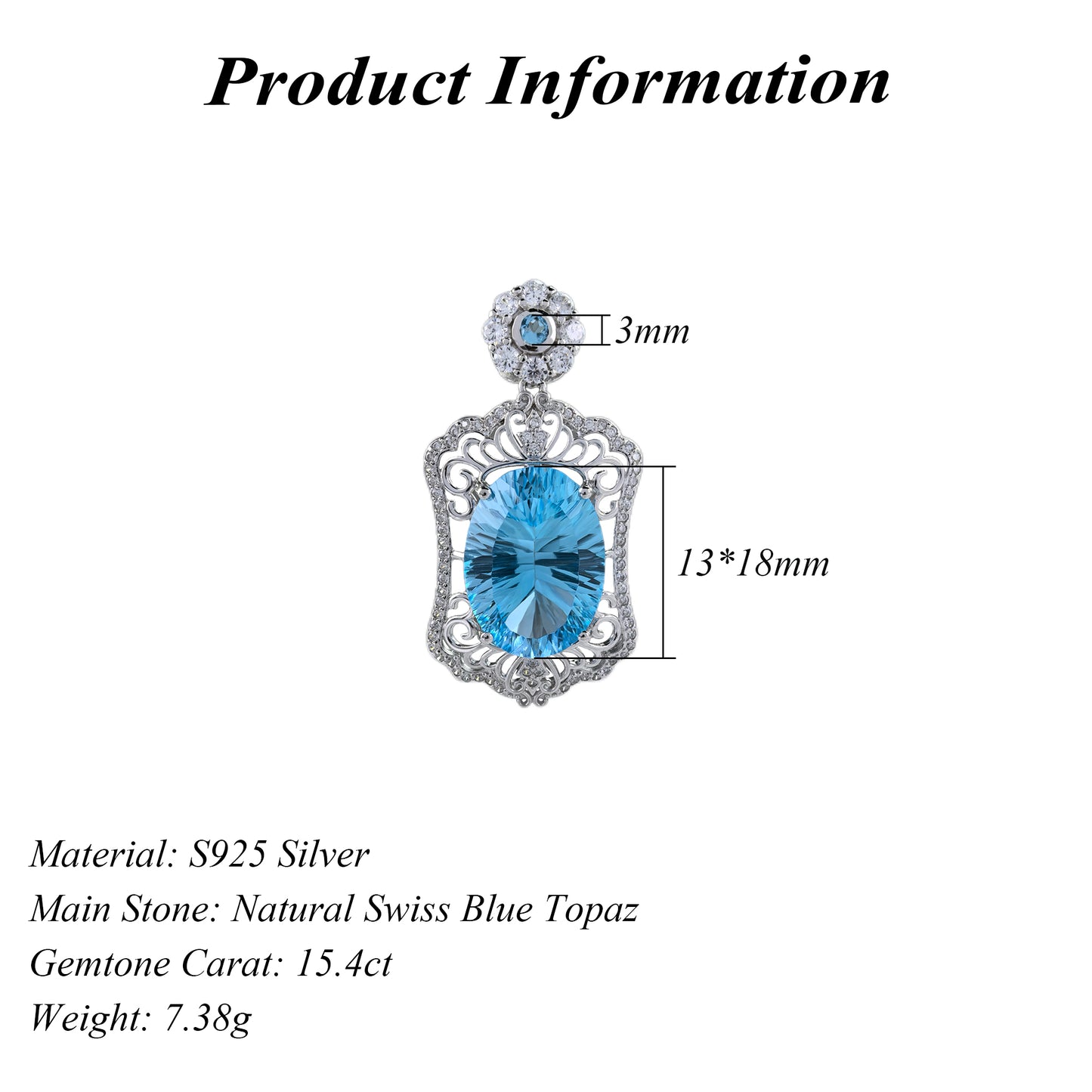 Vintage 925 Sterling Silver for Swiss Blue Topaz Pendant Rhodium Plated