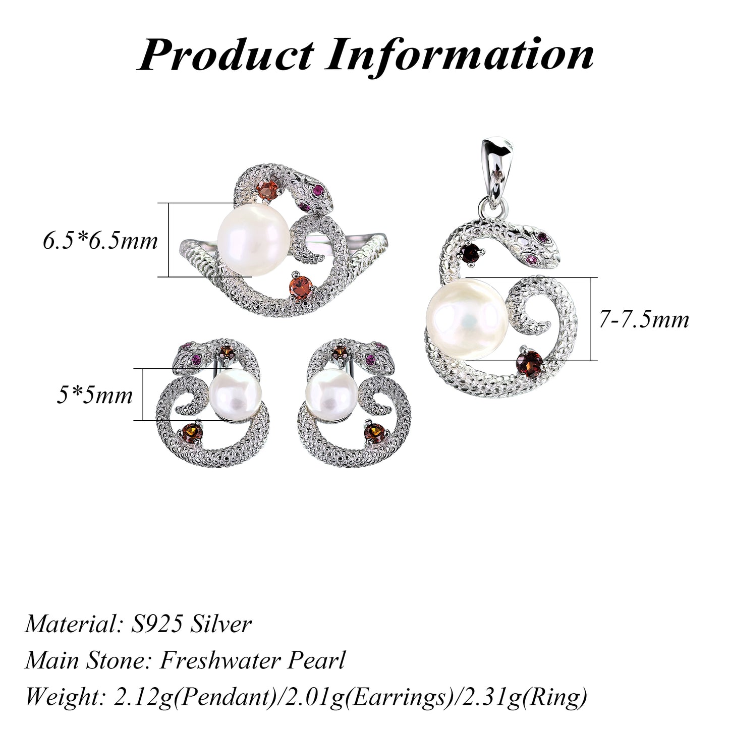 Dazzling Rhodium Plated 925 Sterling Silver Freshwater Pearl Snake Jewelry Set