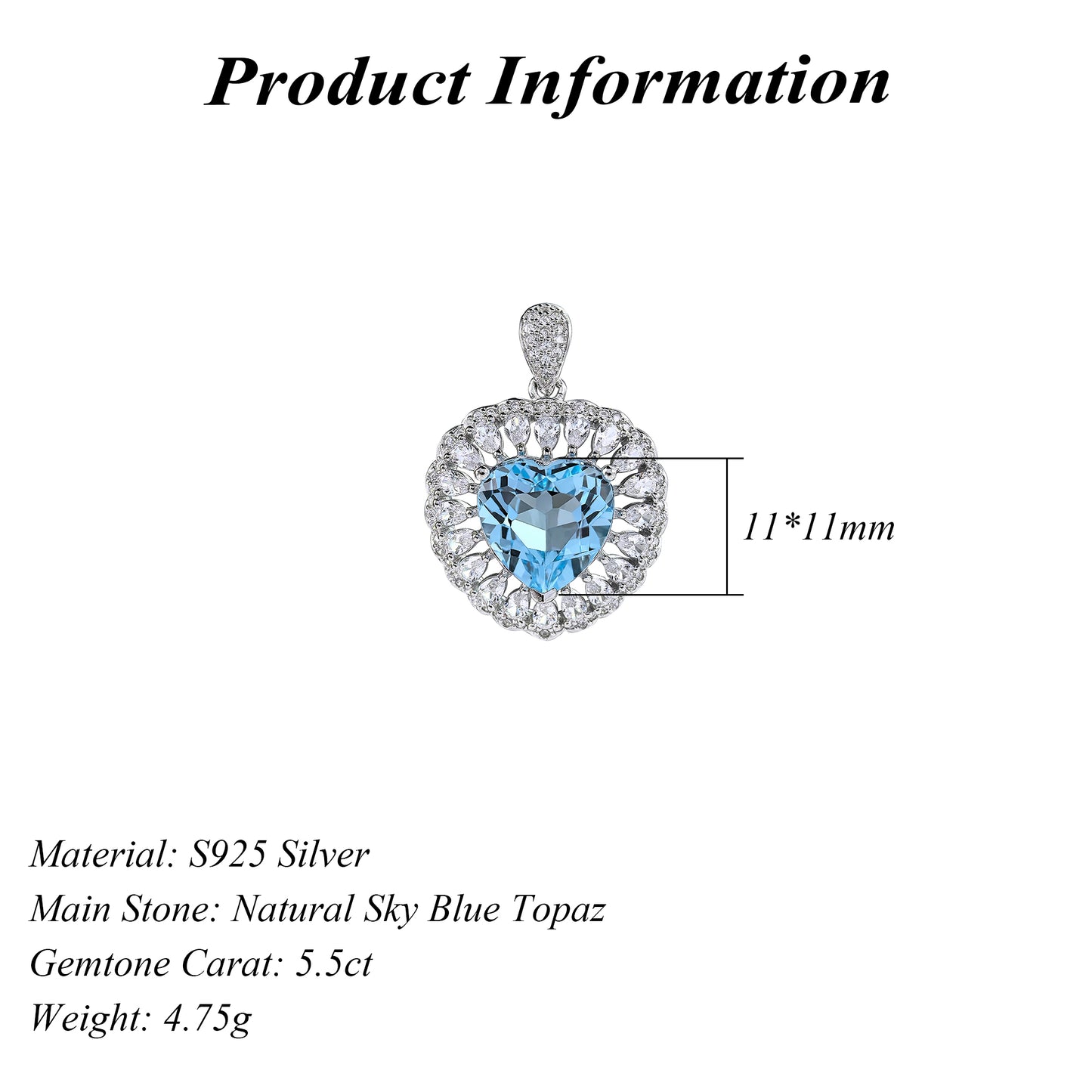 Romantic Rhodium-Plated 925 Sterling Silver Heart Pendant Natural Sky Blue Topaz
