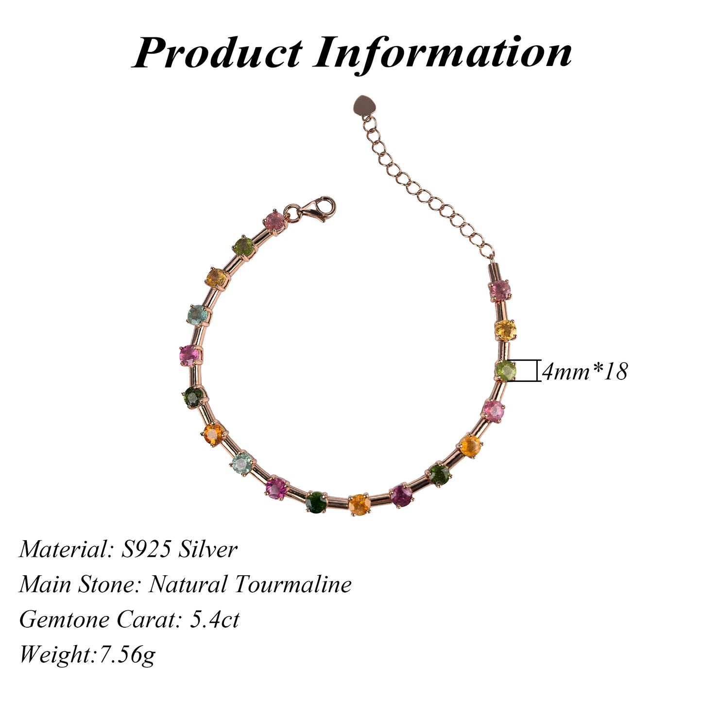 Elegant Rose Gold Plated Silver 925 Jewelry Natural Tourmaline Bracelet