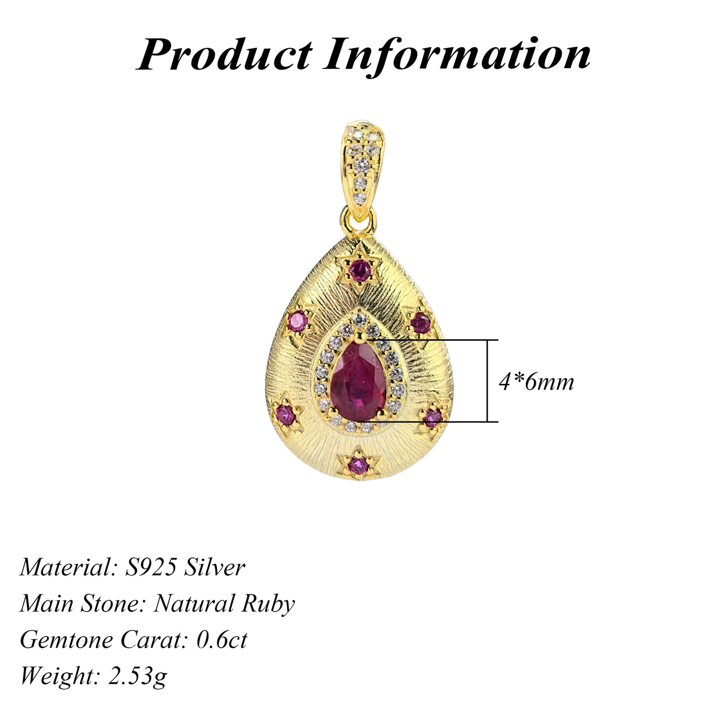 Noble 18K Gold Plated 925 Silver Jewelry Natural Ruby Pendant