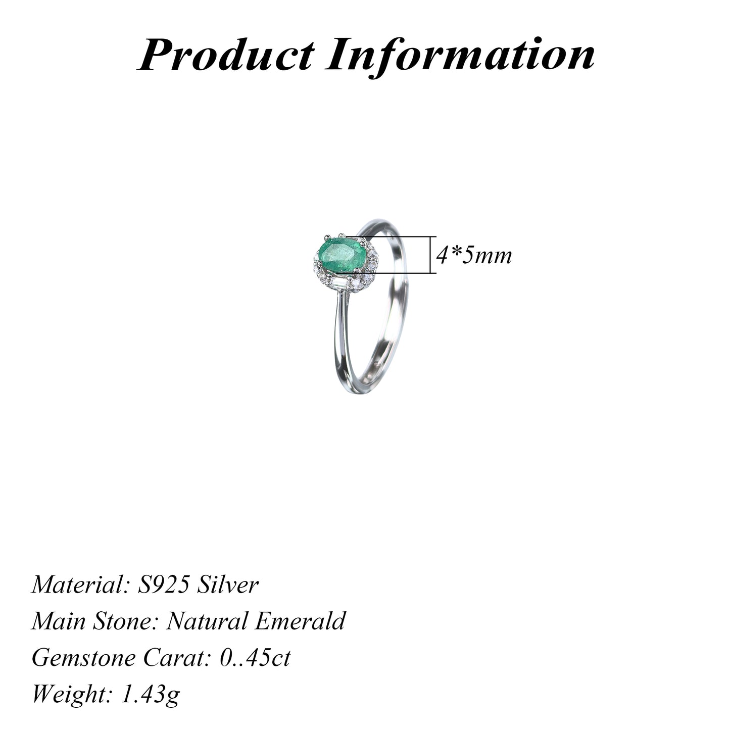 Elegant Rhodium Plated Silver 925 Jewelry Natural Emerald Ring