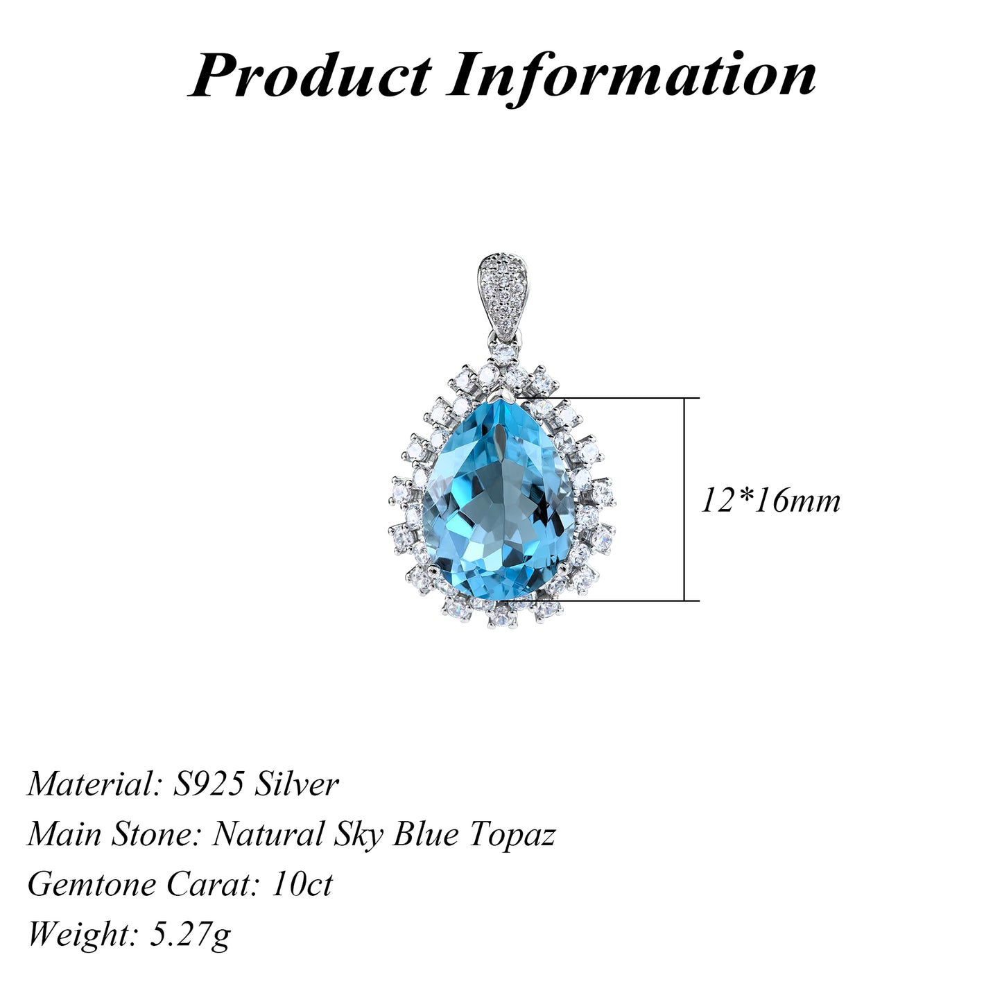 925 Sterling Silver Natural Sky Blue Topaz Pendant Unique Rhodium Plated