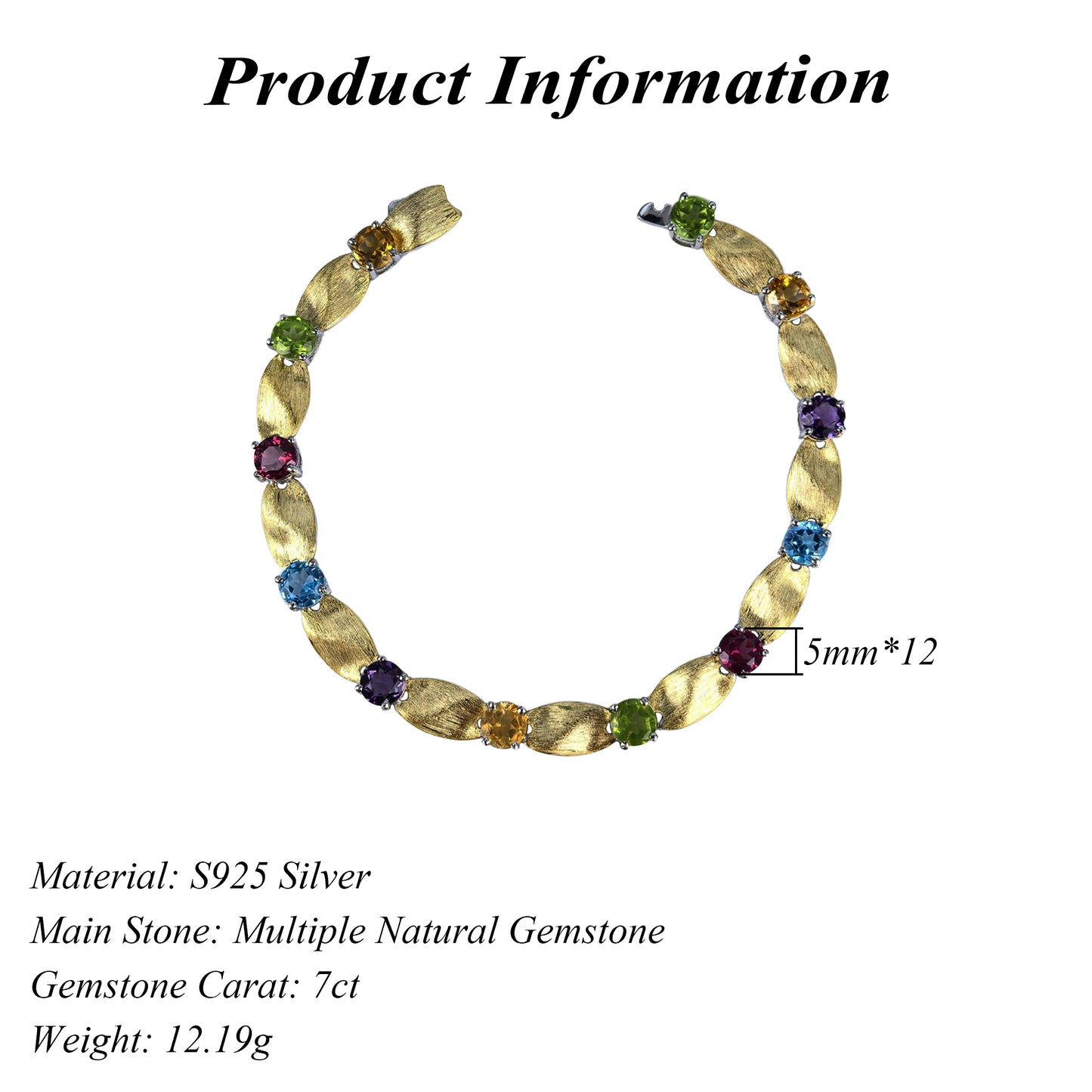 Noble Rhodium and Gold Plated 925 Sterling Silver Multiple Natural Gemstone Bracelet