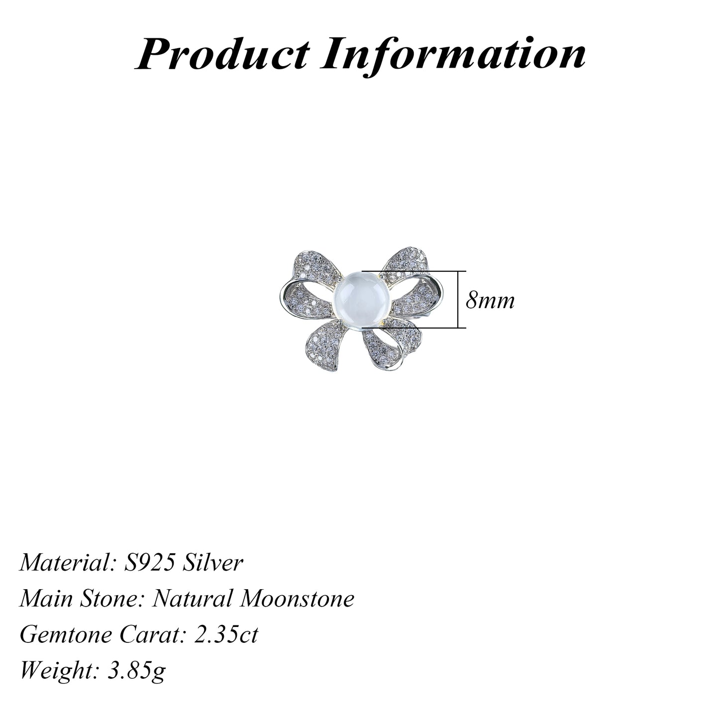 Romantic Rhodium Plated Silver 925 Jewelry Natural Moonstone Bow Ring