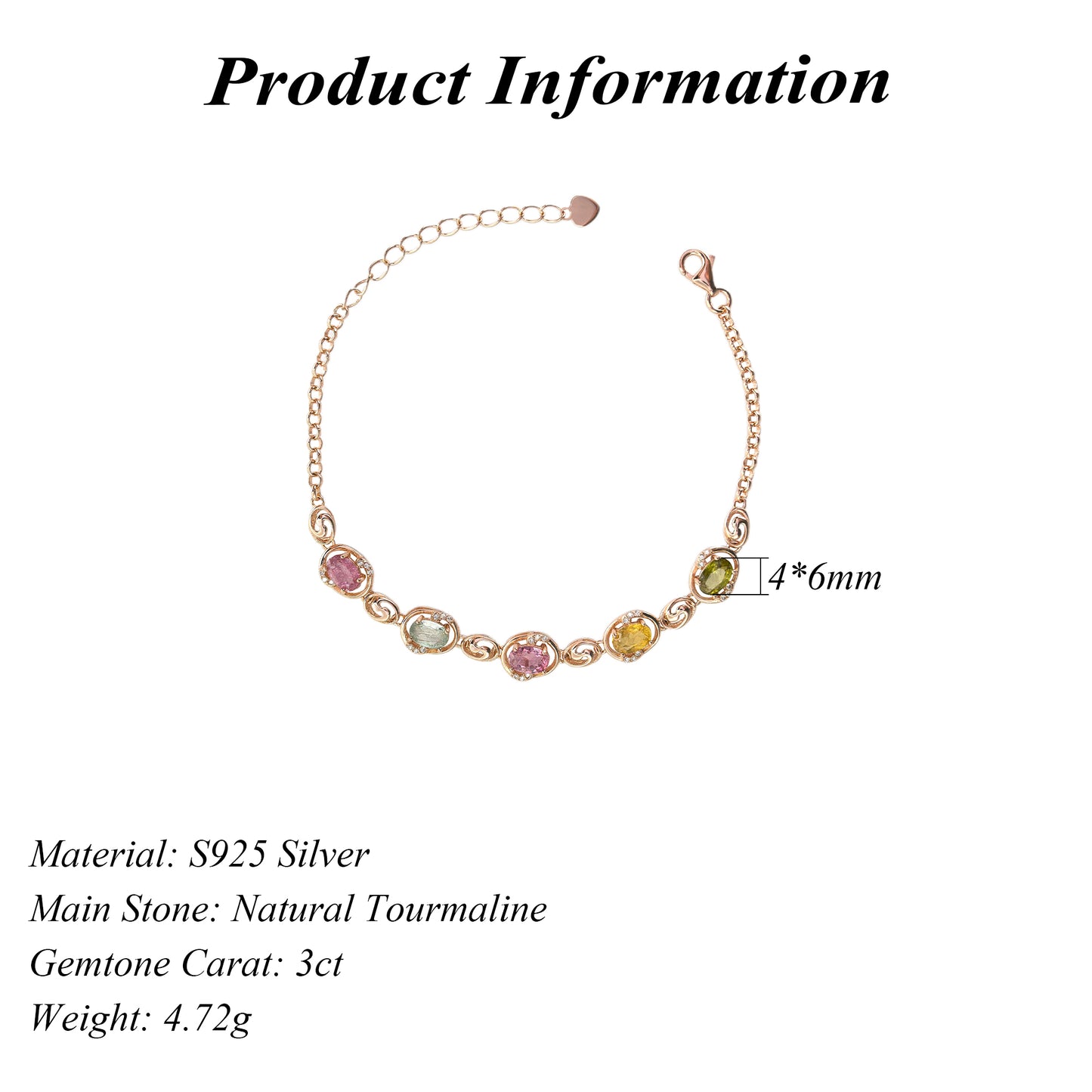 925 Sterling Silver Rose Gold Plated Natural Tourmaline Bracelet