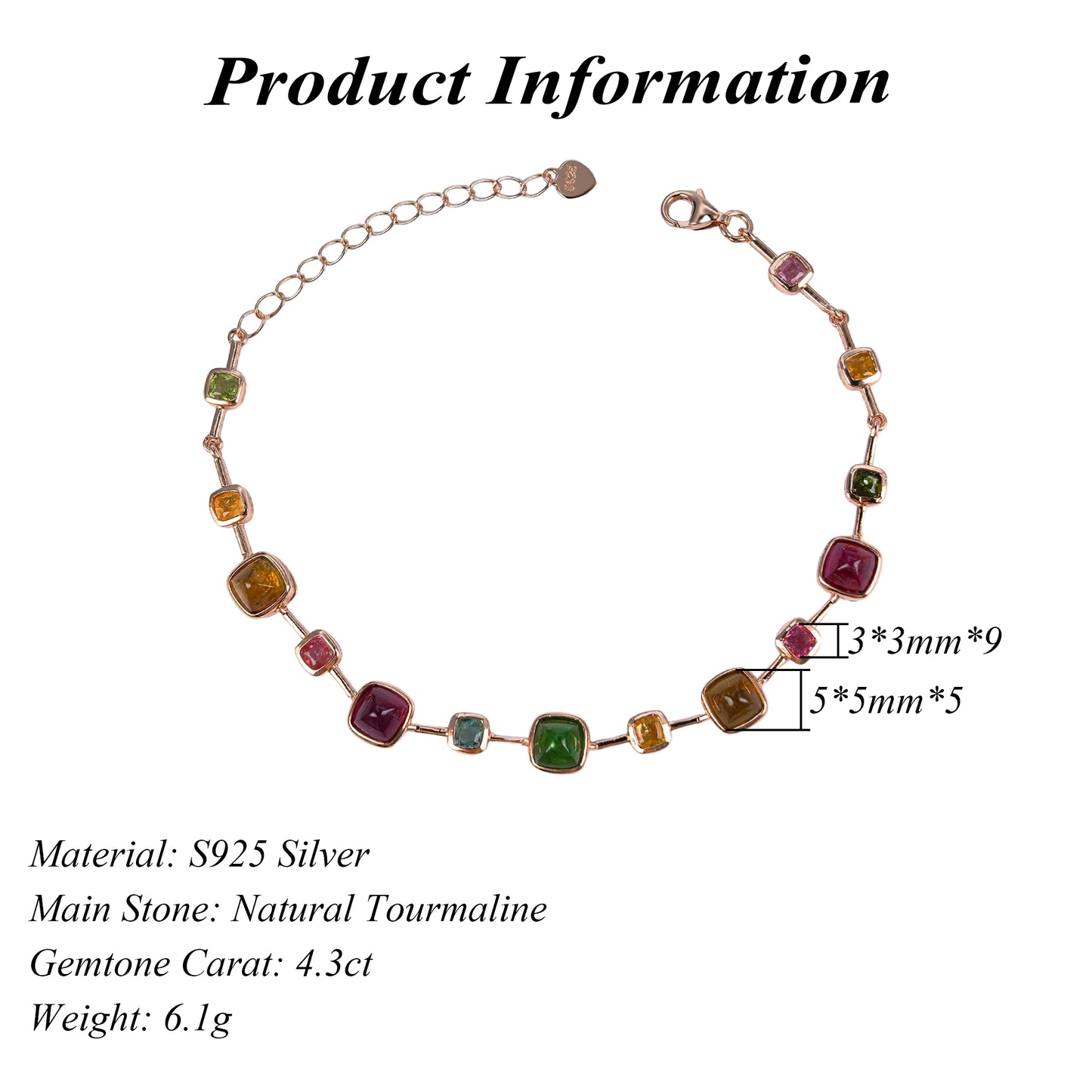 Exquisite Rose Gold Plated Silver 925 Jewelry Natural Tourmaline Bracelet