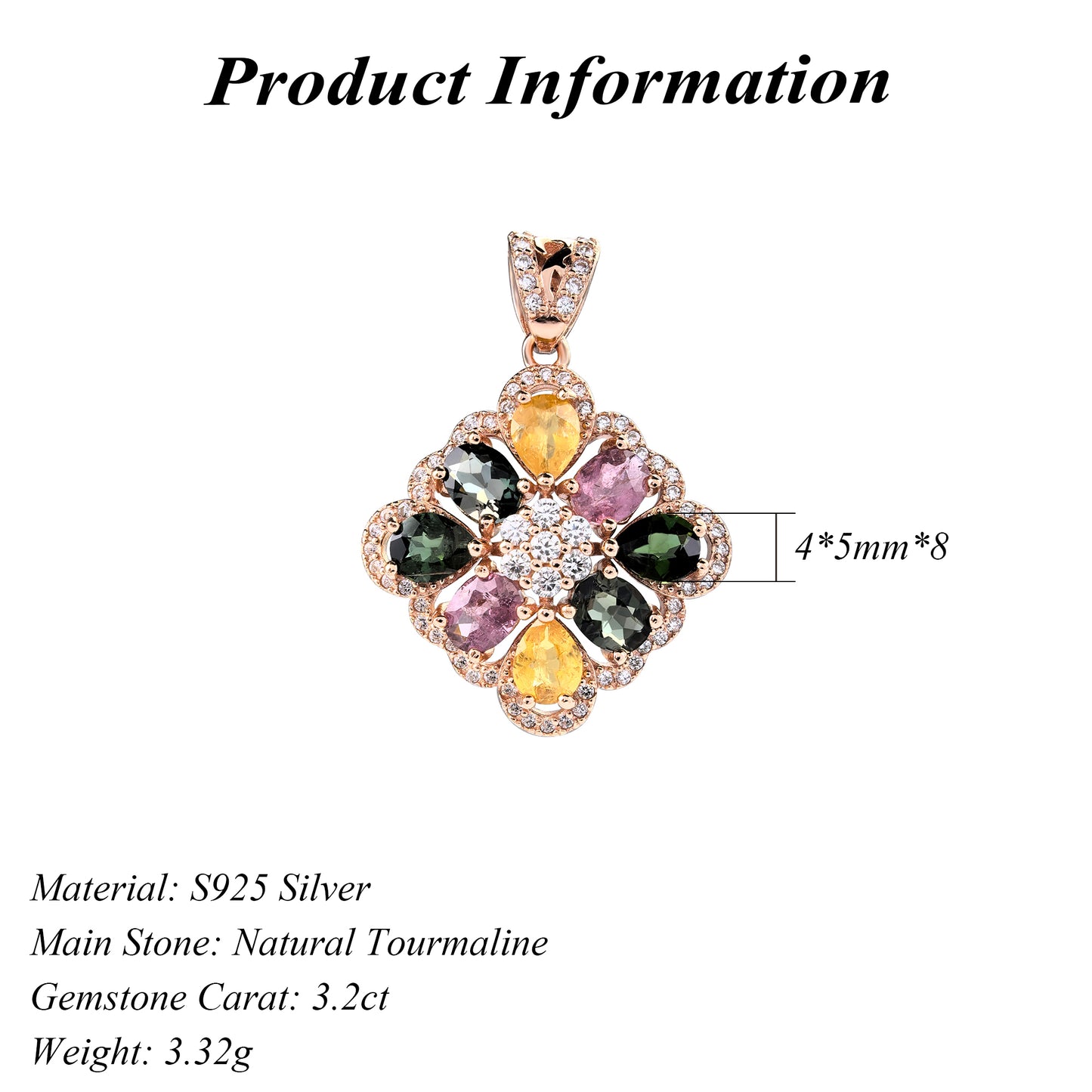 Trendy Rose Gold Plated 925 Sterling Silver Natural Tourmaline Pendant