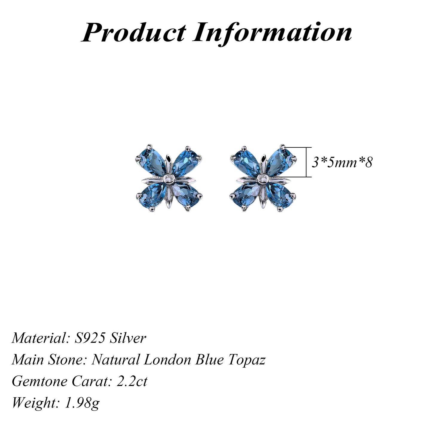 Rhodium Plated 925 Sterling Silver Natural London Blue Topaz Four Leaf Clover Stud Earrings