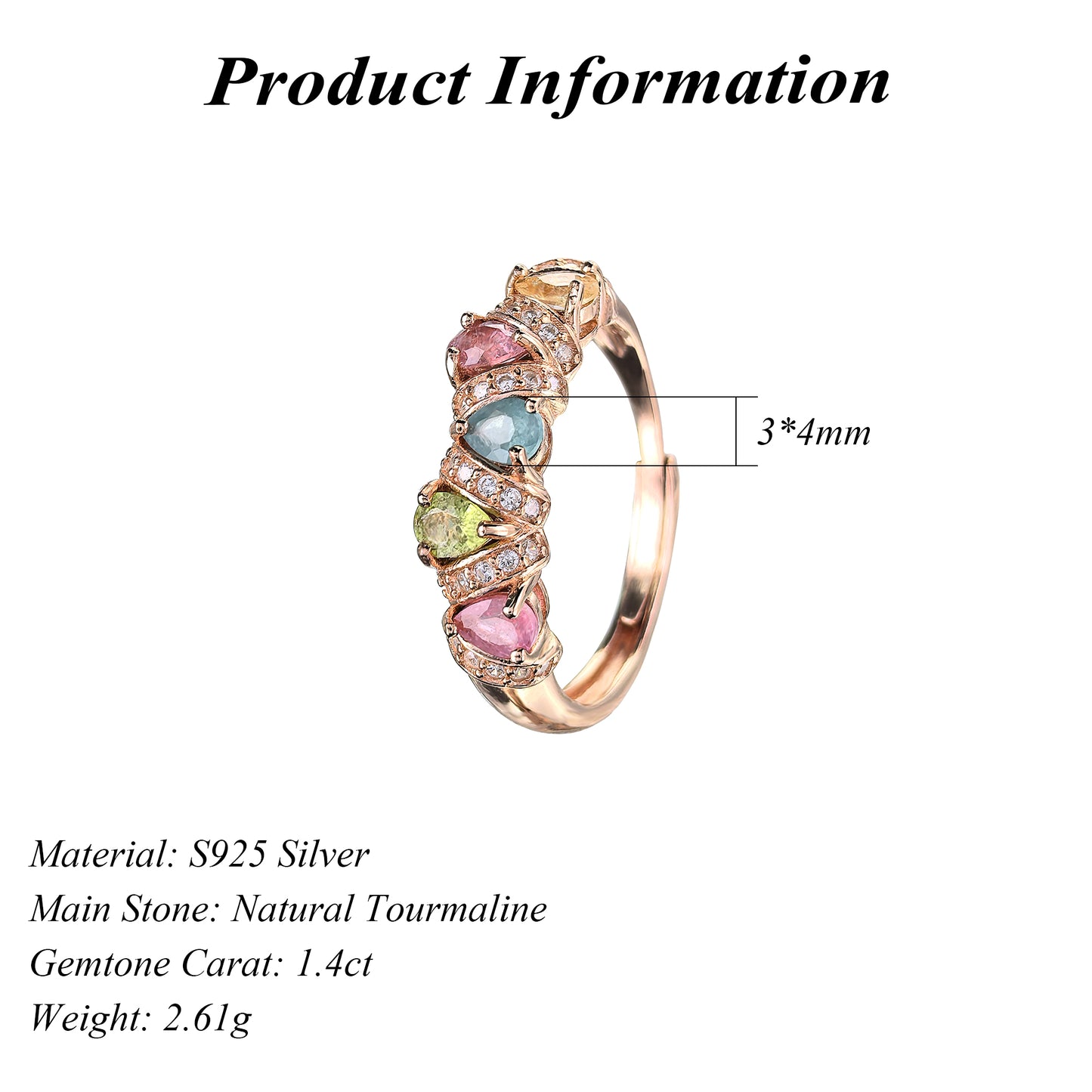Charming Rose Gold Plated Plata 925 Natural Tourmaline Ring