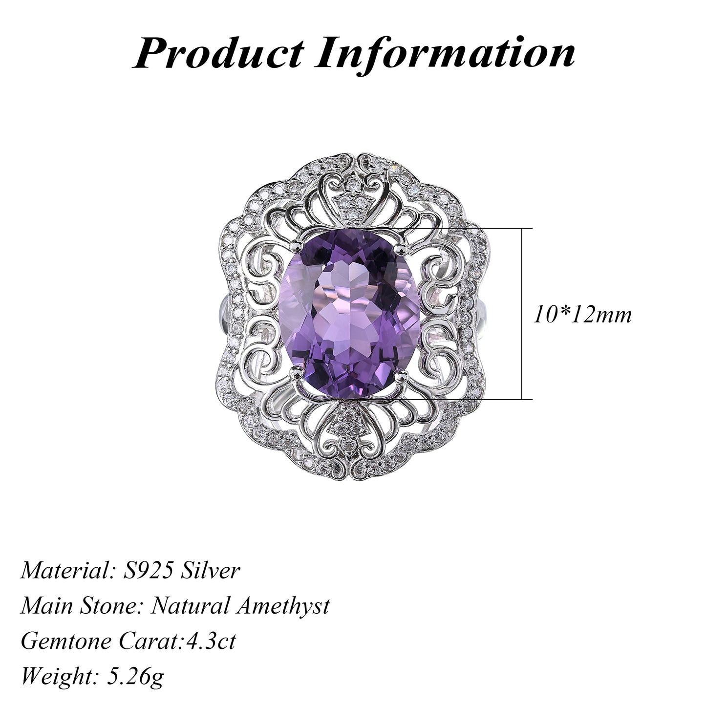 Artistic Rhodium Plated Sterling Silver 925 Natural Amethyst Ring