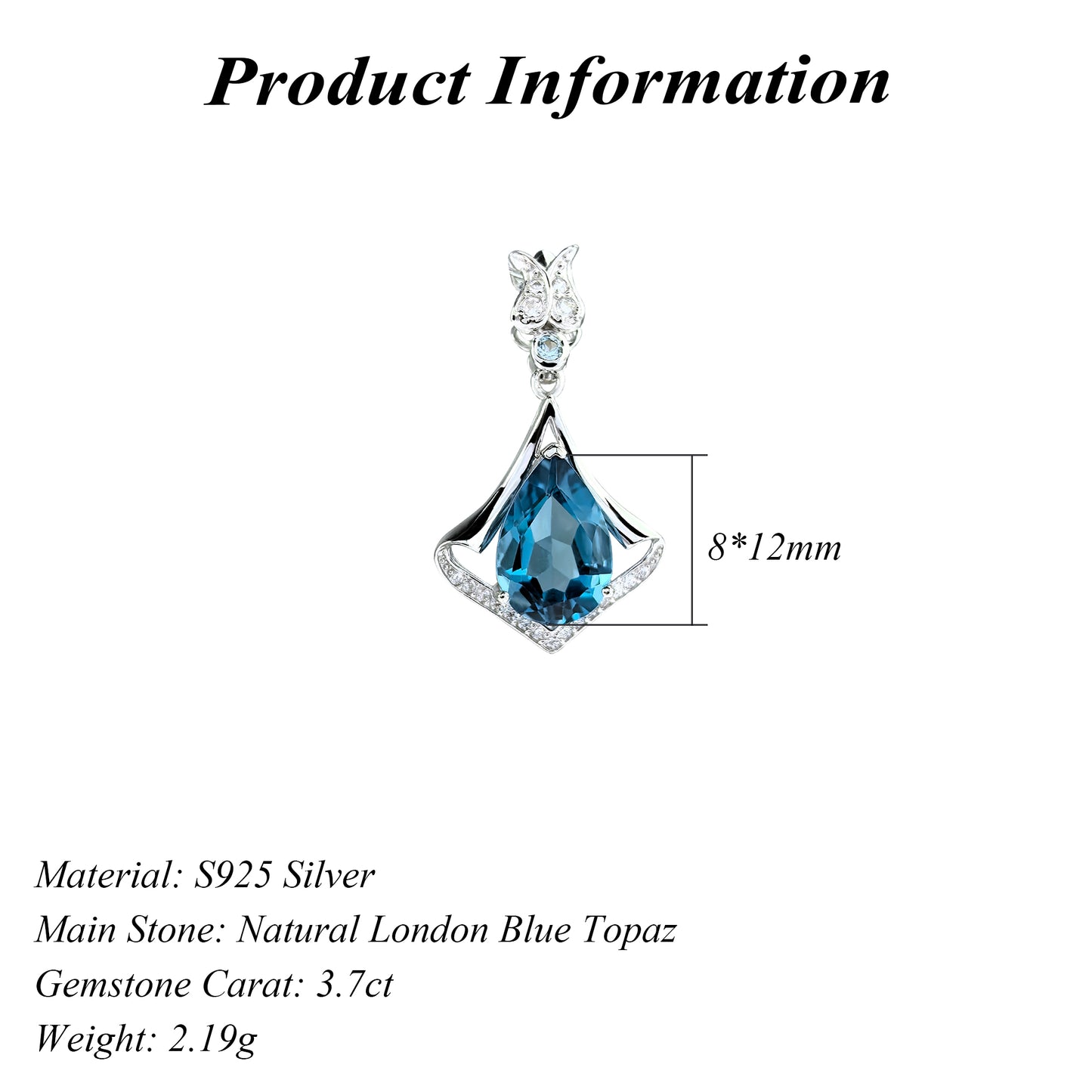 Elegant Rhodium Plated 925 Silver Jewelry Natural London Blue Topaz Pendant
