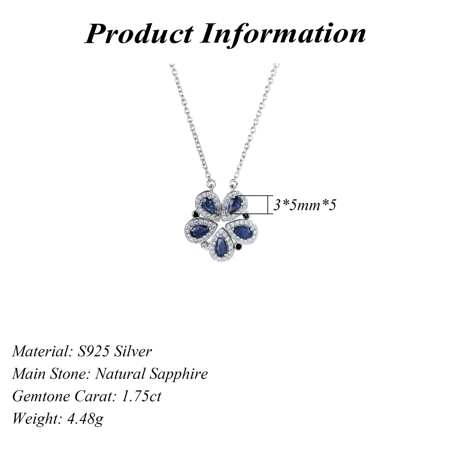 Delicate Rhodium Plated 925 Silver Jewelry Natural Sapphire Five Leaf Clover Necklace