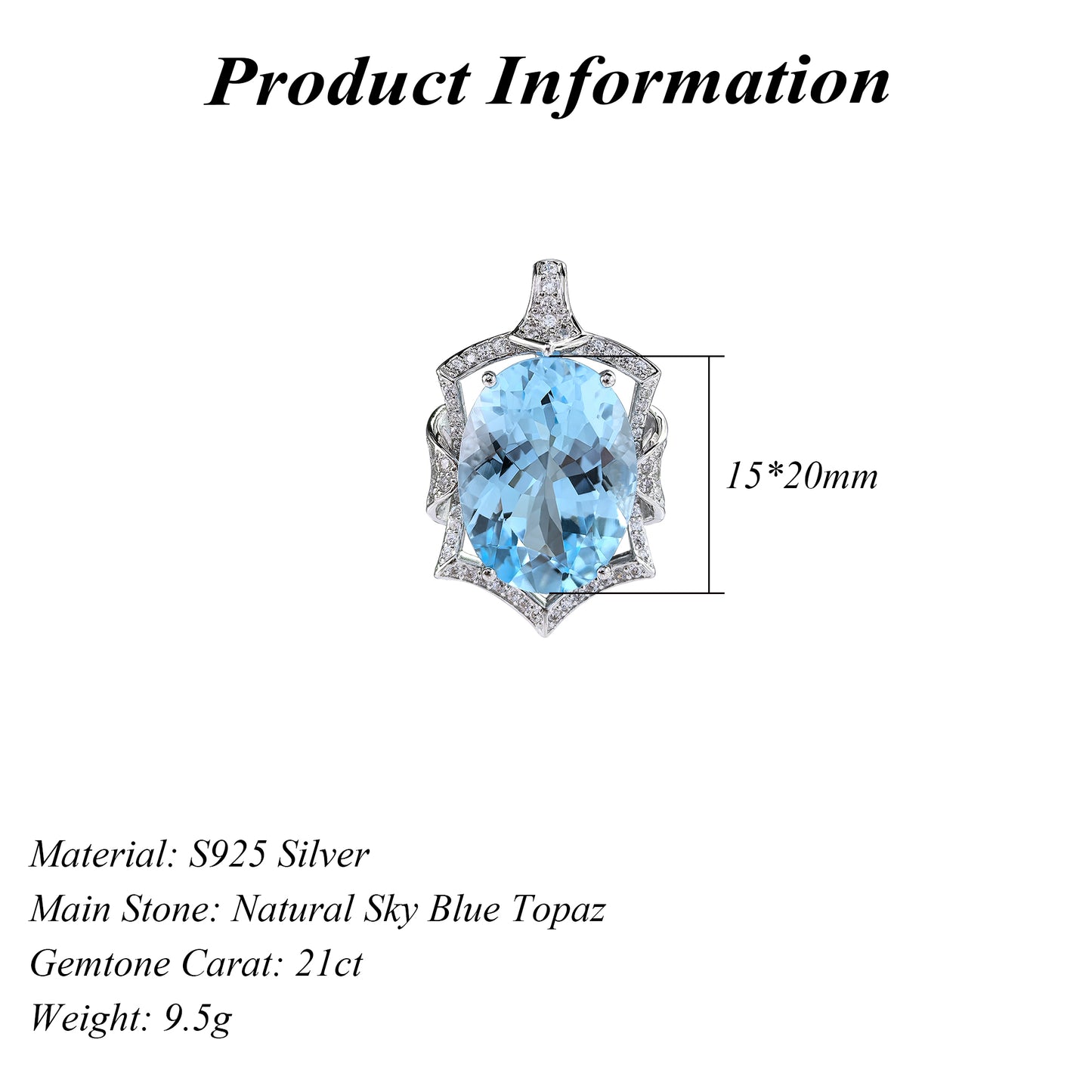 Noble Rhodium Plated 925 Sterling Silver Natural Sky Blue Topaz Pendant
