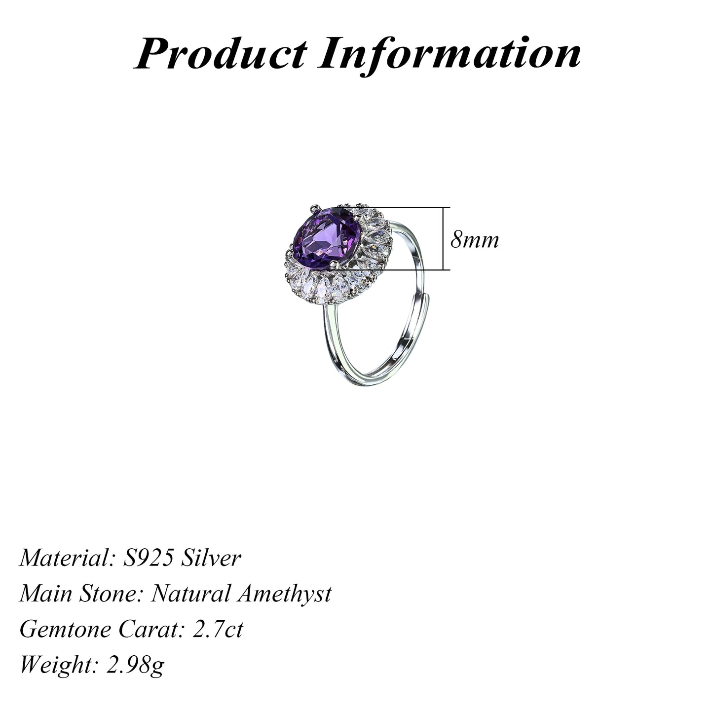 Sparkling Rhodium Plated 925 Silver Jewelry Natural Amethyst Flower Ring