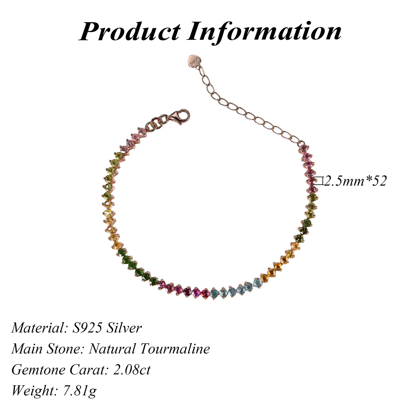 Delicate Rose Gold Plated 925 Silver Jewelry Natural Tourmaline Bracelet