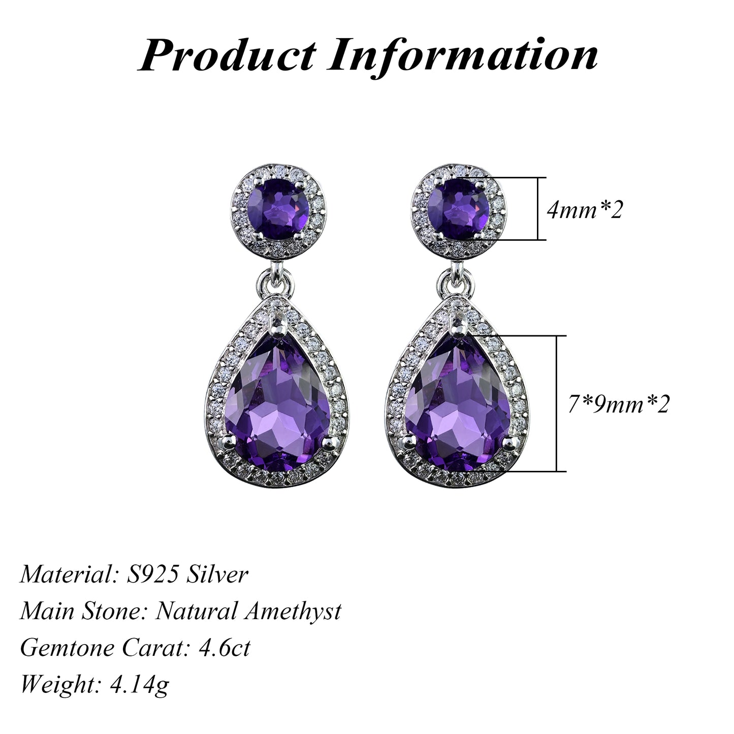 Precious Rhodium Plated 925 Silver Jewelry Natural Amethyst Drop Earrings