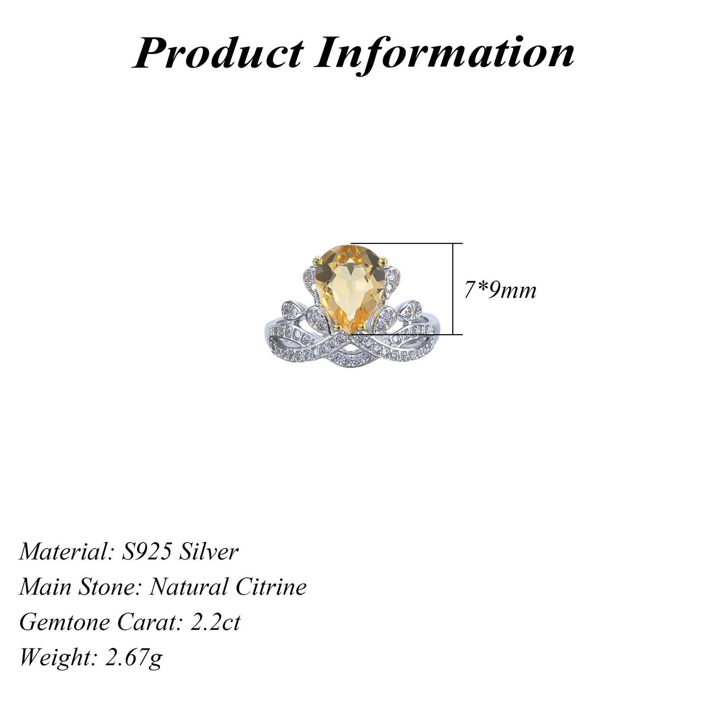 Exquisite Silver 925 Jewelry Rhodium and Gold Plated Natural Citrine Gemstone Ring