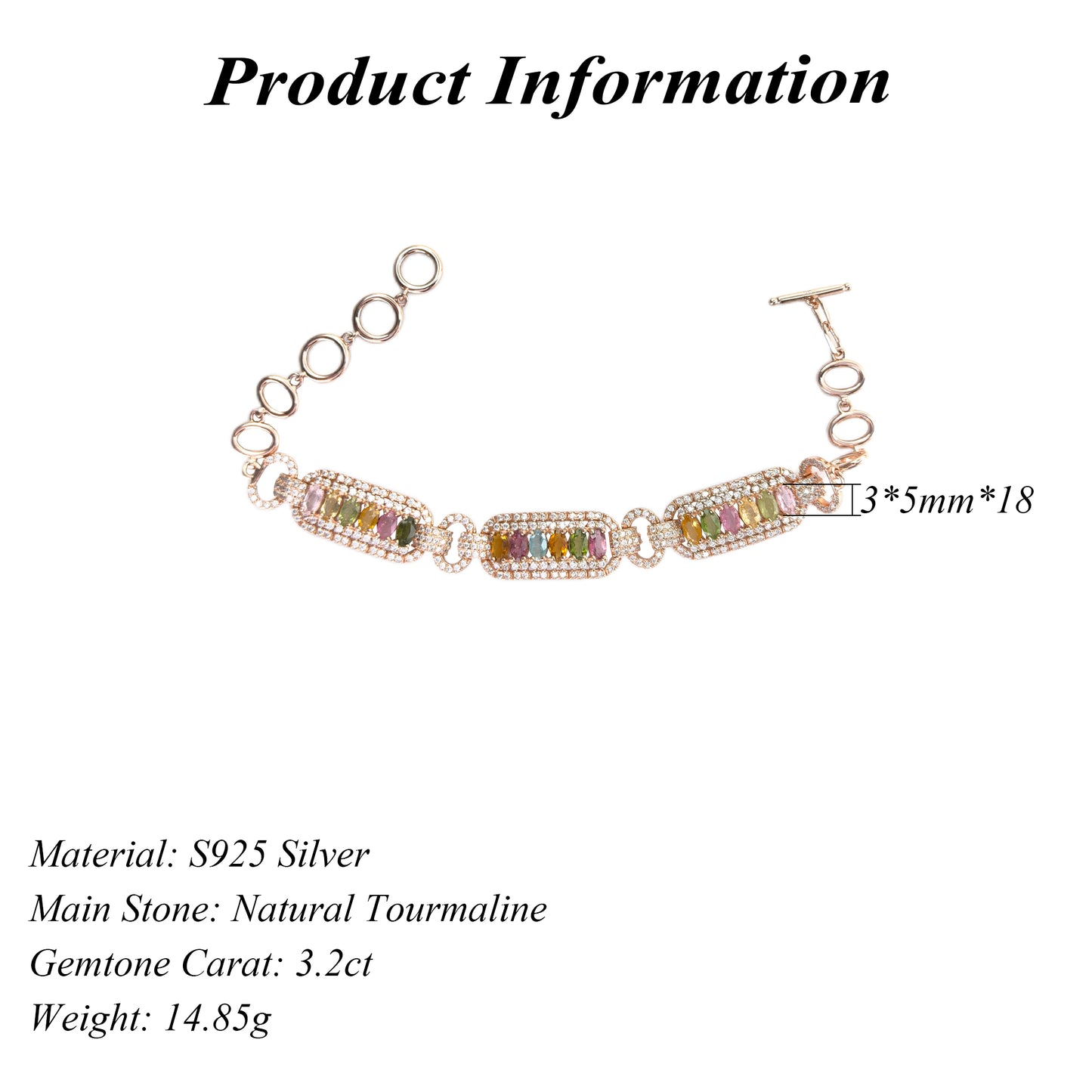Precious Rose Gold Plated Silver 925 Jewelry Natural Tourmaline Bracelet