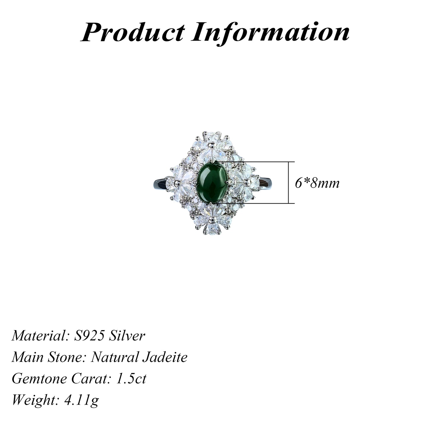 Elegant Rhodium Plated Silver 925 Jewelry Natural Jadeite Flower Ring