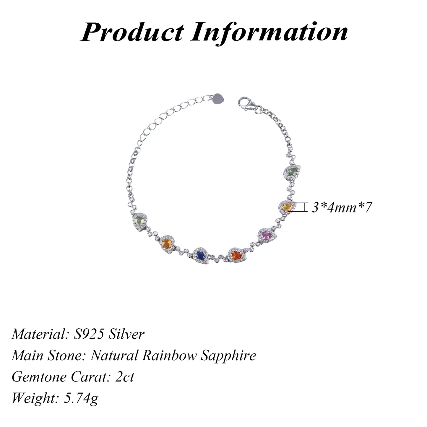 Elegant Rhodium Plated Silver 925 Jewelry Natural Rainbow Sapphire Bracelet