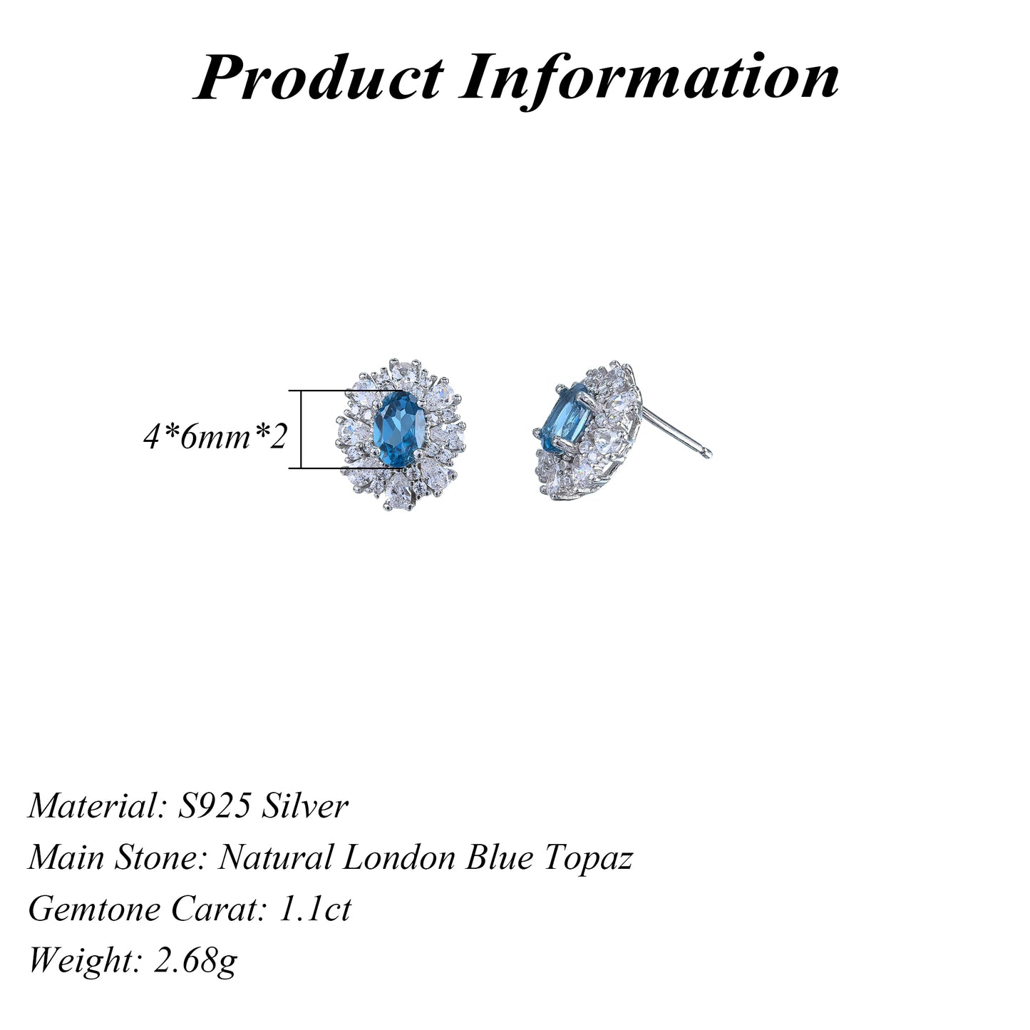 Sparkling Rhodium Plated 925 Silver Jewelry Natural London Blue Topaz Stud Earrings