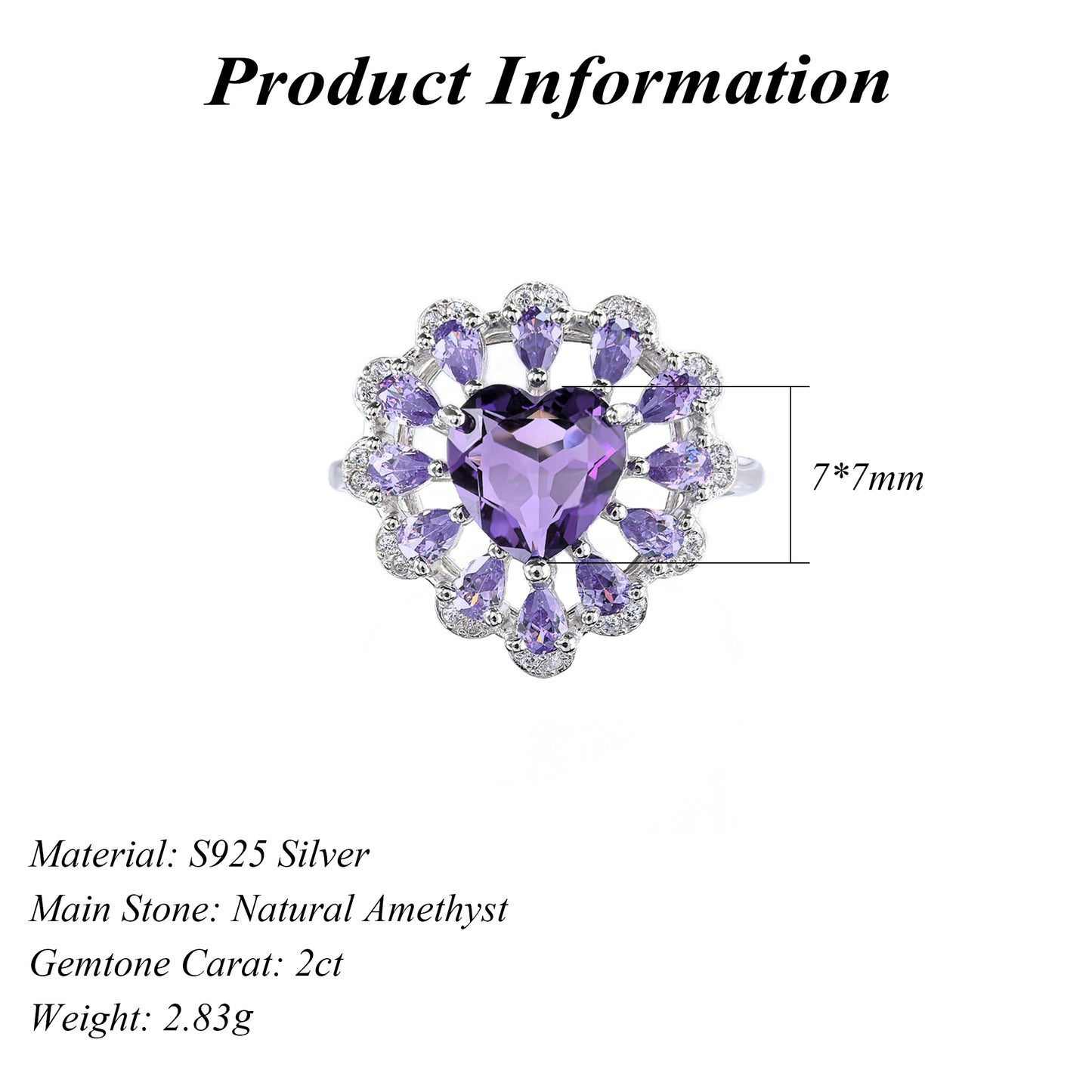 Elegant Rhodium Plated Plata 925 Jewelry Natural Amethyst Heart Ring