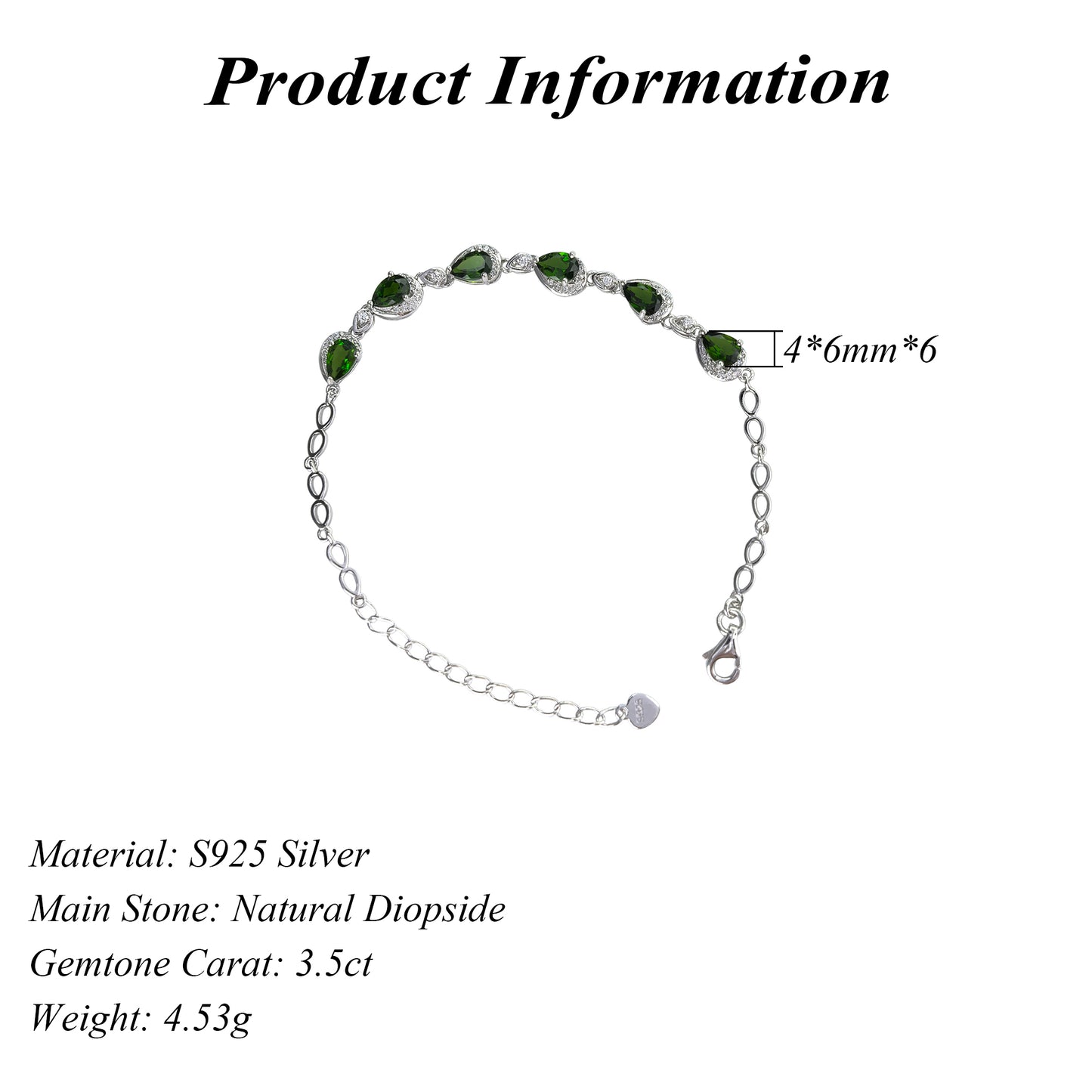 Delicate Rhodium Plated 925 Silver Jewelry Natural Diopside Bracelet
