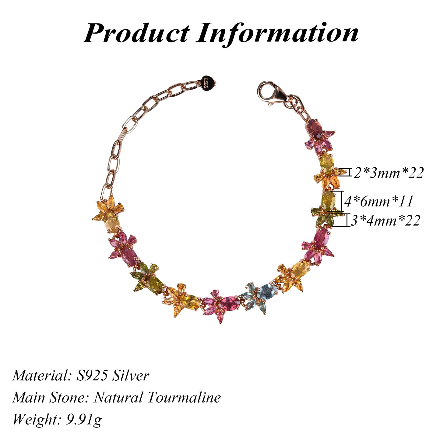 Unique Rose Gold Plated Silver 925 Jewelry Natural Tourmaline Bracelet