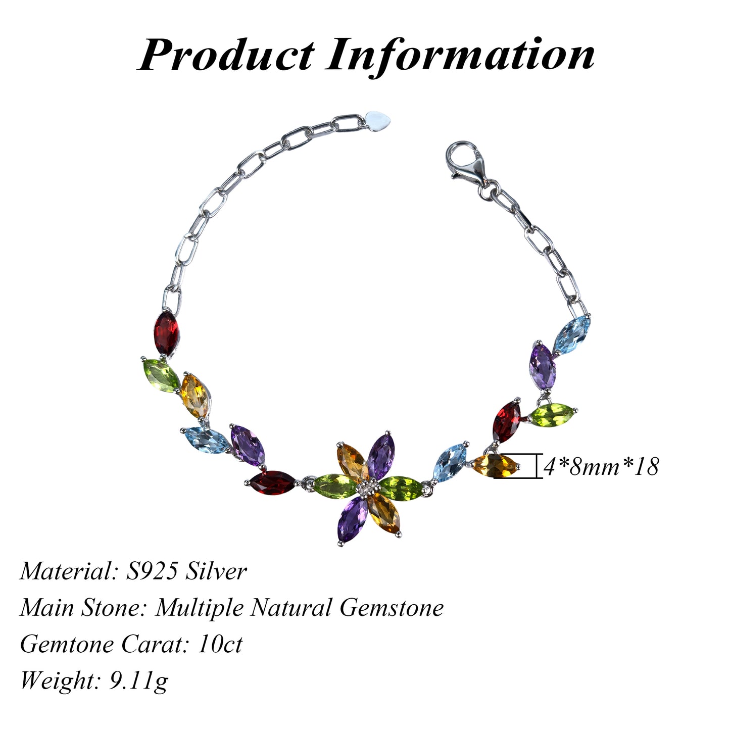 Elegant Rhodium Plated Silver 925 Jewelry Multiple Natural Gemstone Flower Bracelet
