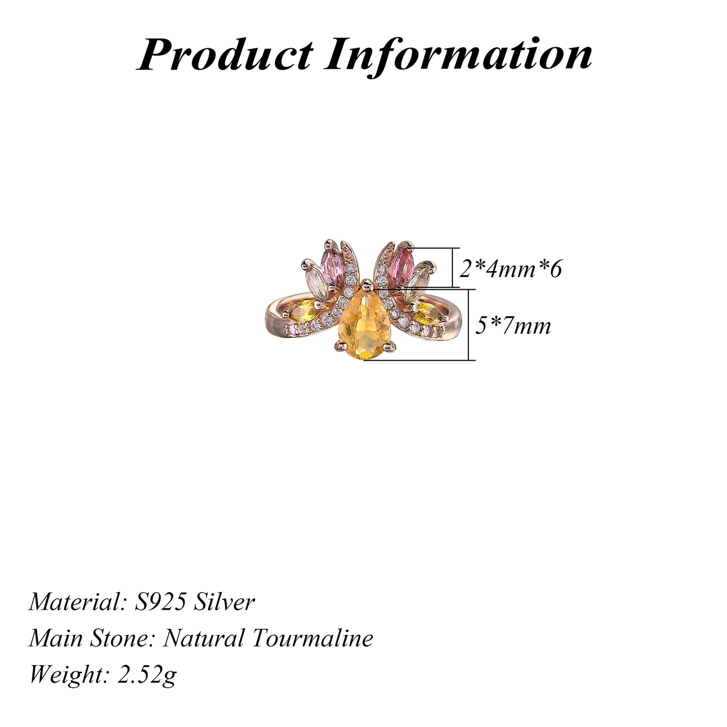 Charming Rose Gold Plated Silver 925 Jewelry Natural Tourmaline Ring