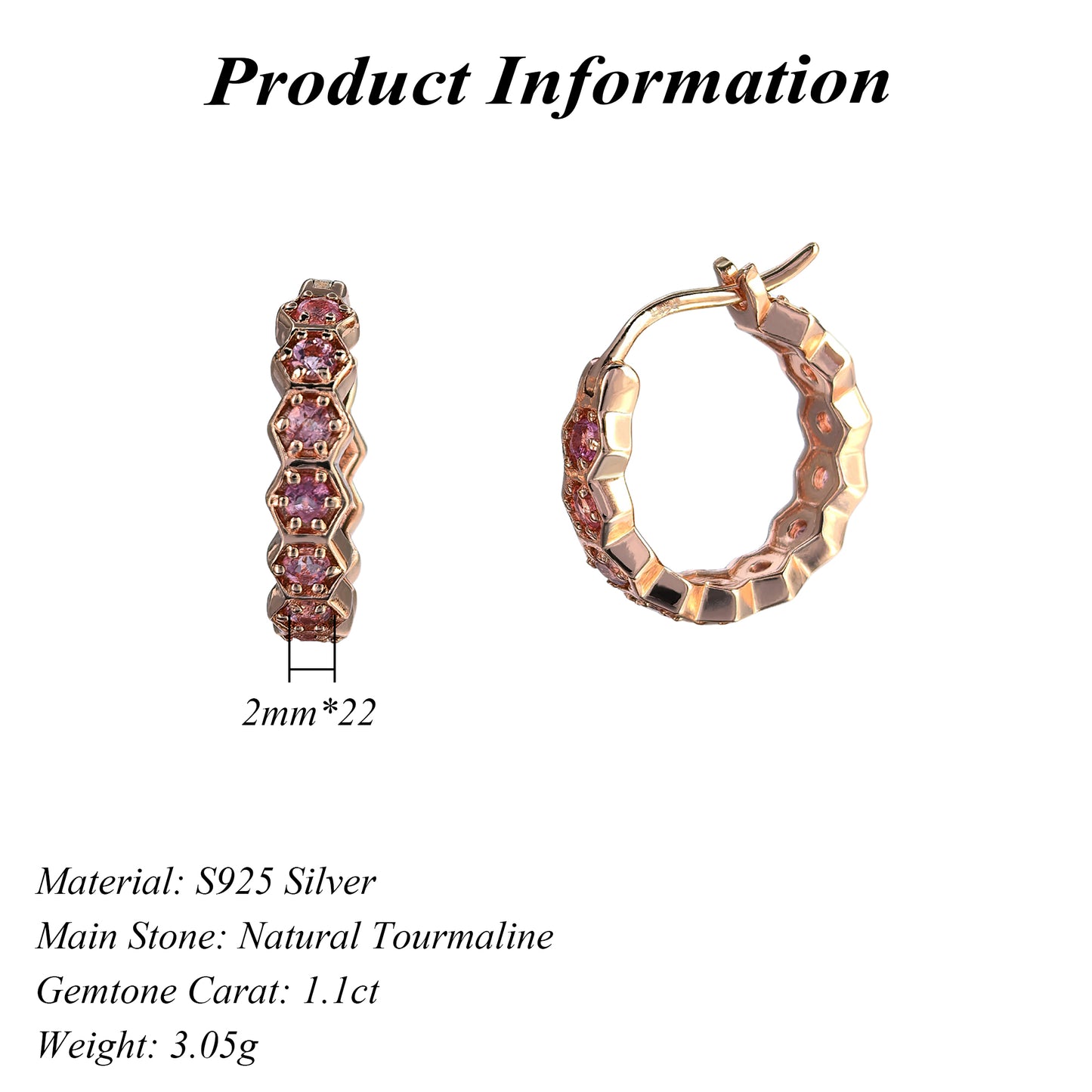 Unique Rose Gold Plated Silver 925 Jewelry Natural Tourmaline Hoop Earrings