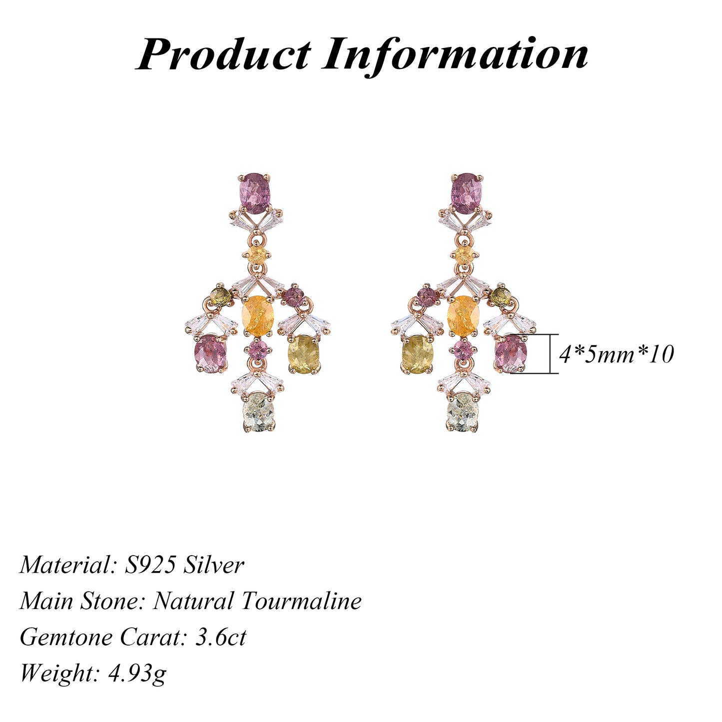 Gorgeous Rose Gold Plated S925 Silver Natural Tourmaline Drop Earrings for Women