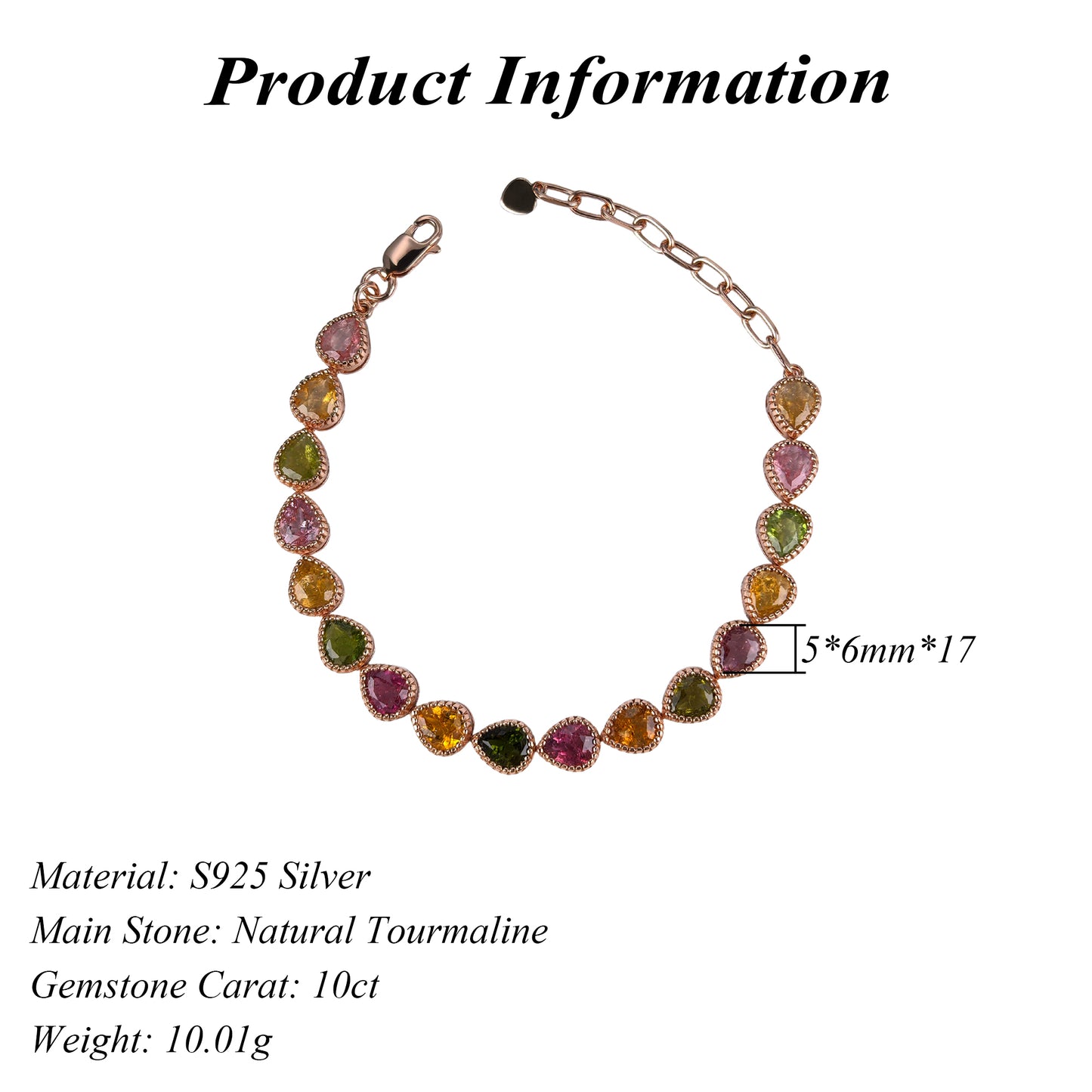 Graceful Rose Gold Plated Silver 925 Jewelry Natural Tourmaline Bracelet
