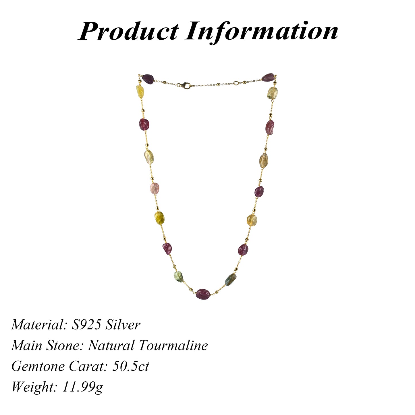 Unique 18K Gold Plated Silver 925 Jewelry Natural Tourmaline Necklace