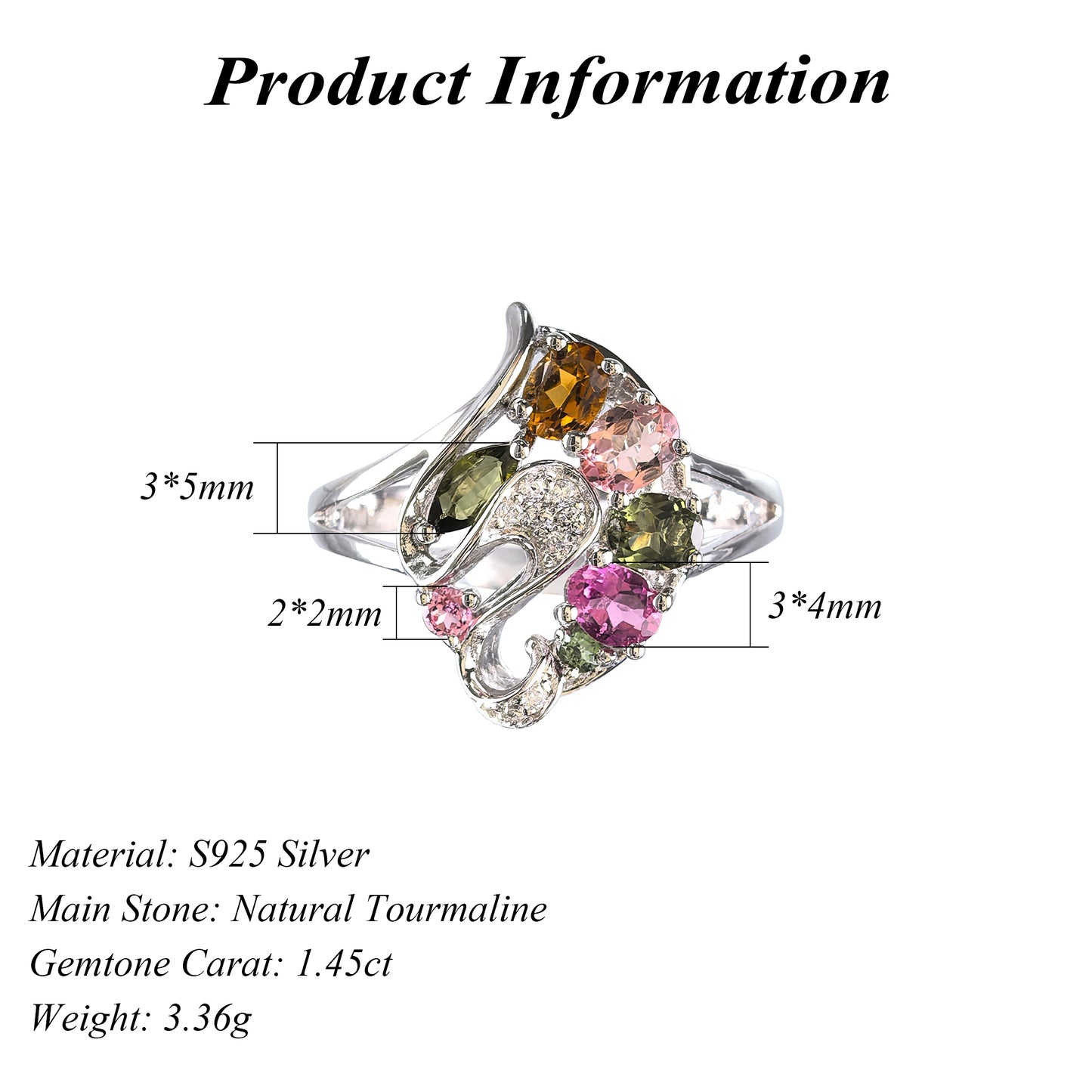 Elegant Rhodium Plated 925 Sterling Silver Natural Tourmaline Gemstone Ring